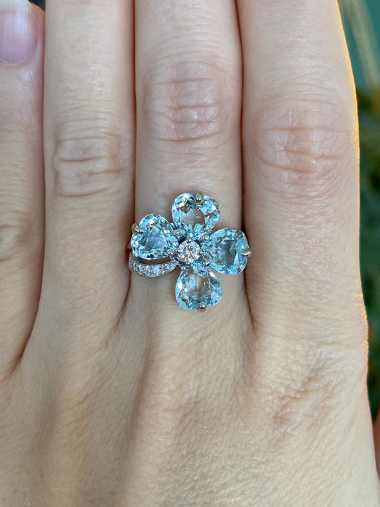 Vintage Solid 14k White Gold Aquamarine Diamond Clover Ring - Size 7
