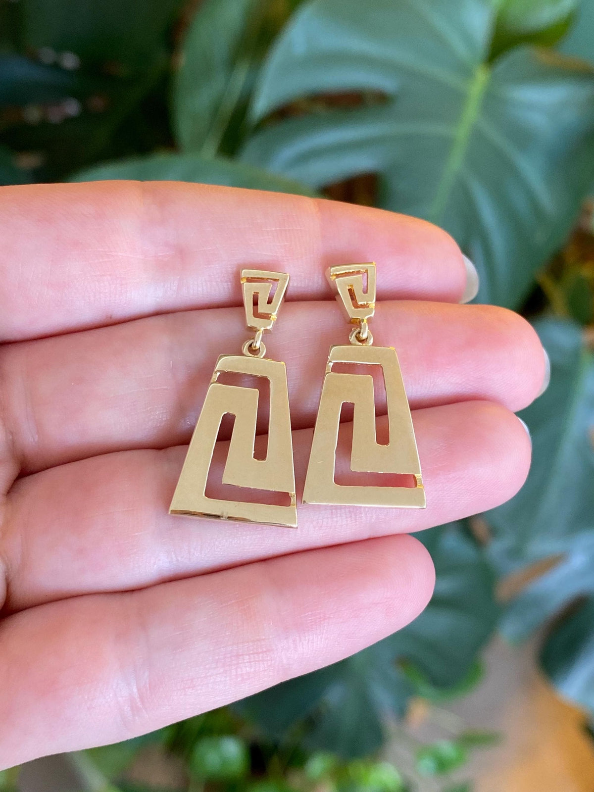Solid 14k Yellow Gold Greek Key Dangle Stud Earrings