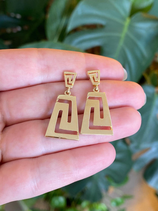 Solid 14k Yellow Gold Greek Key Dangle Stud Earrings