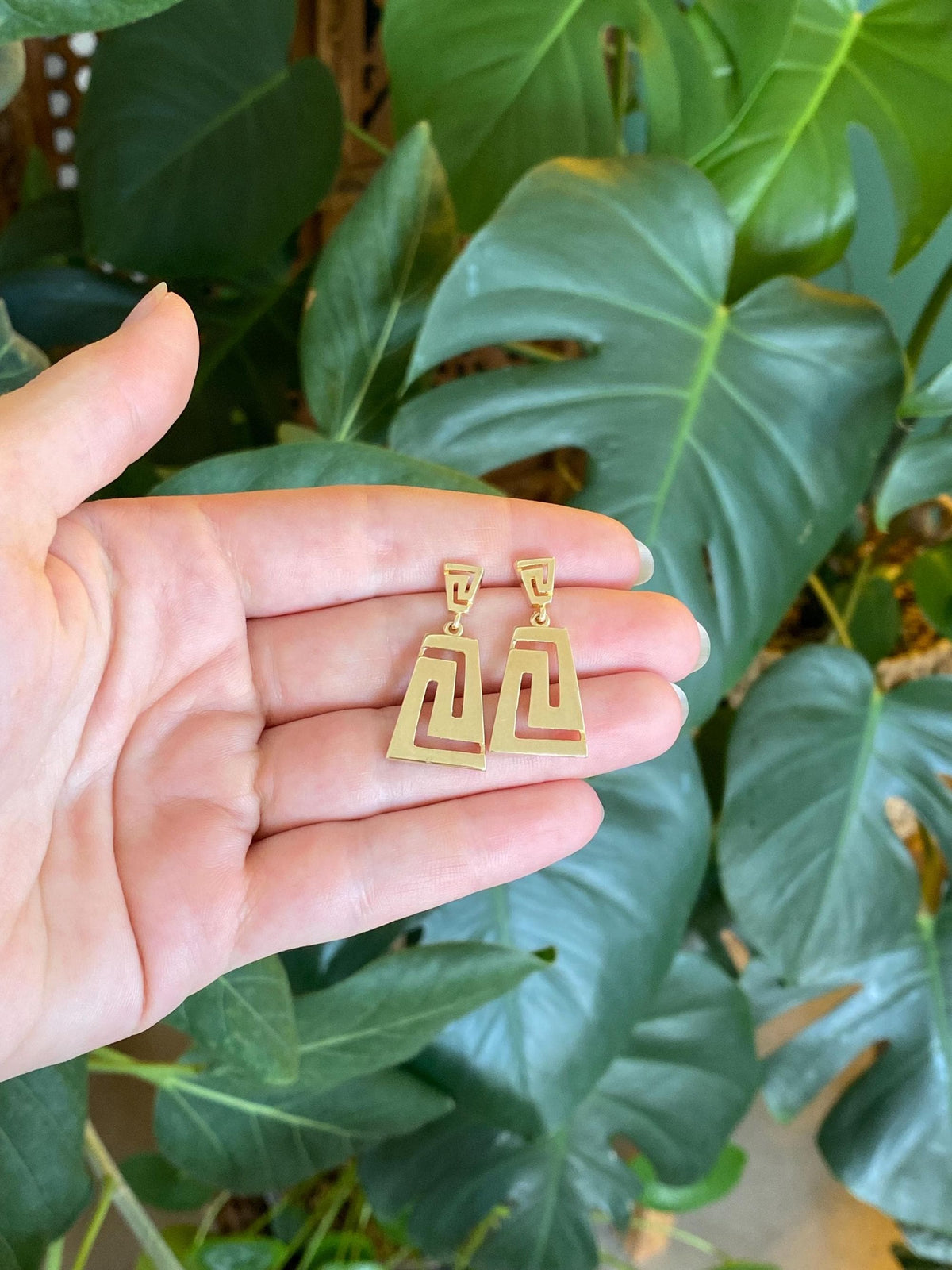 Solid 14k Yellow Gold Greek Key Dangle Stud Earrings