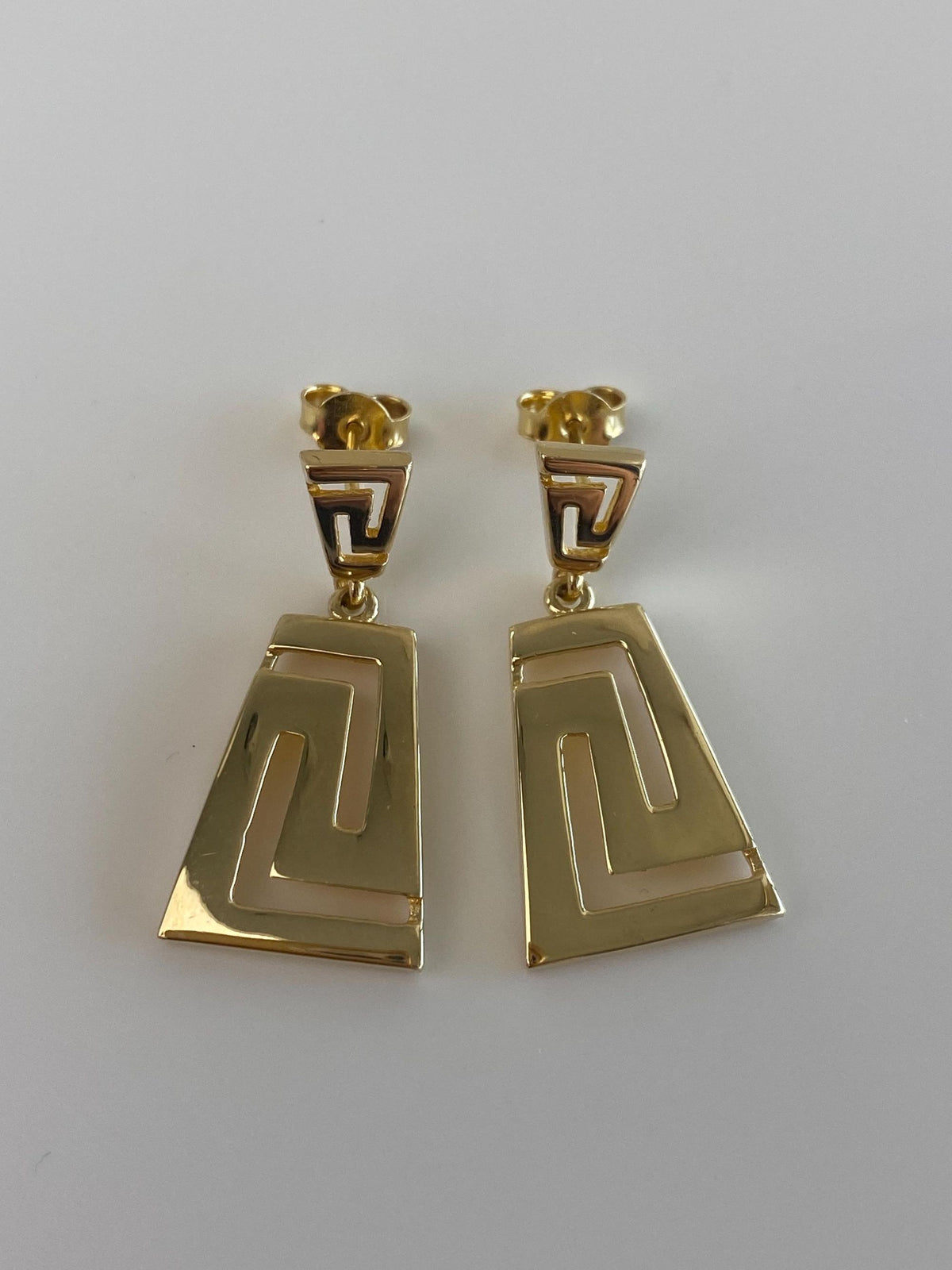 Solid 14k Yellow Gold Greek Key Dangle Stud Earrings