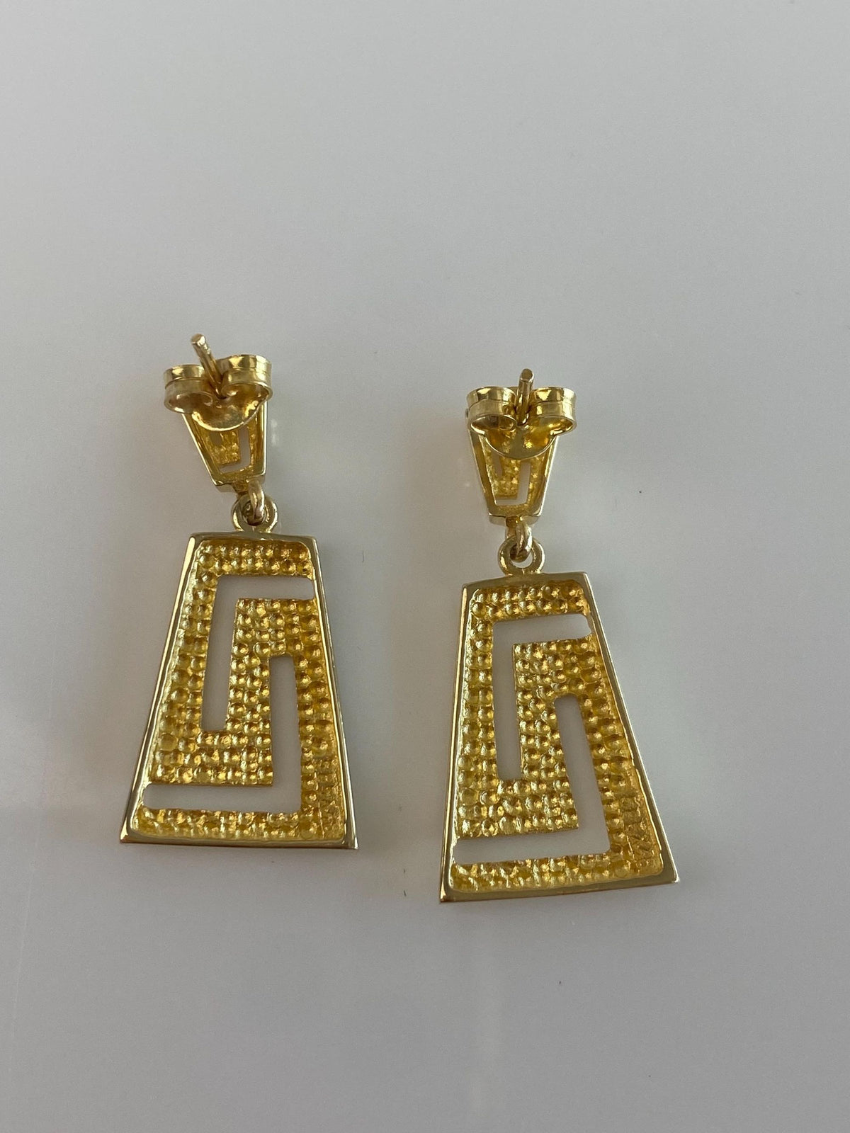Solid 14k Yellow Gold Greek Key Dangle Stud Earrings