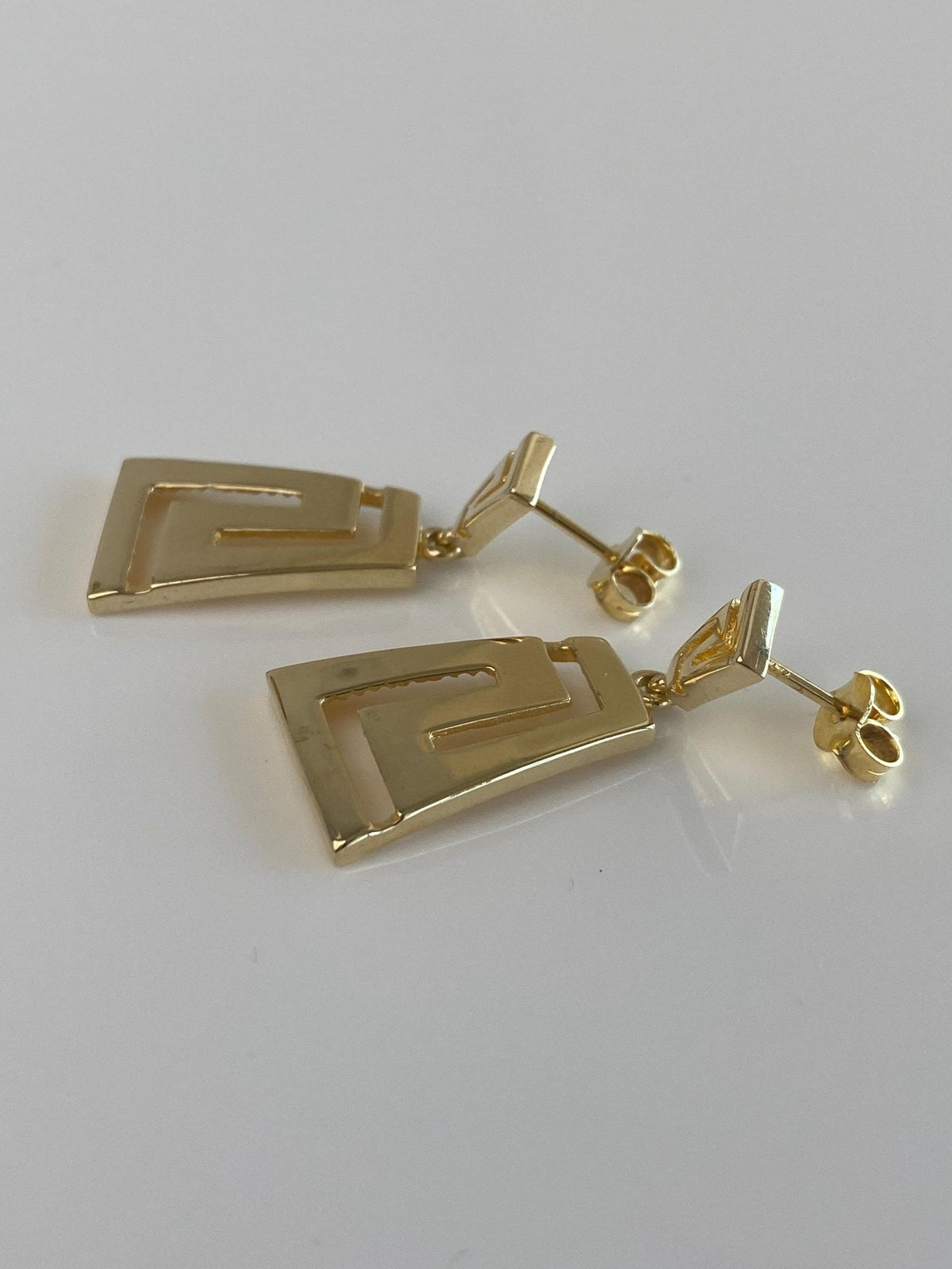 Solid 14k Yellow Gold Greek Key Dangle Stud Earrings