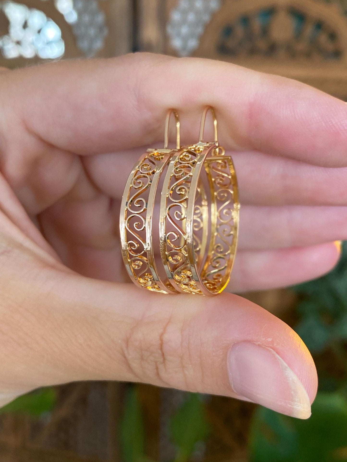 Vintage Solid 14k Rose Gold Open Work Hoop Earrings