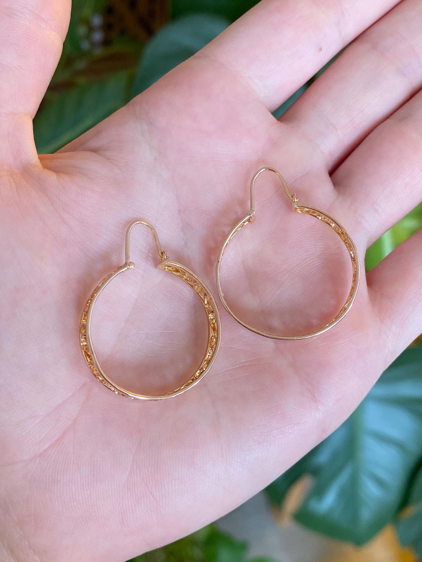 Vintage Solid 14k Rose Gold Open Work Hoop Earrings