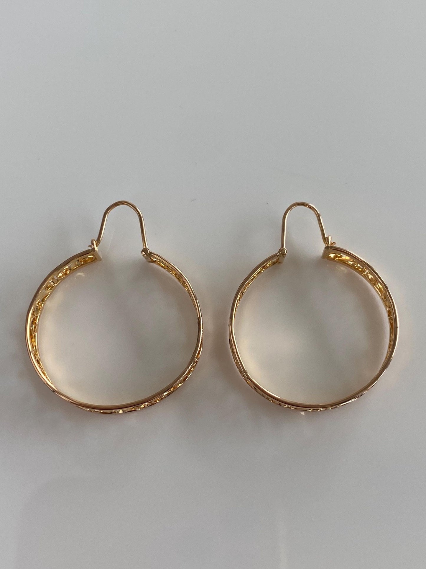 Vintage Solid 14k Rose Gold Open Work Hoop Earrings