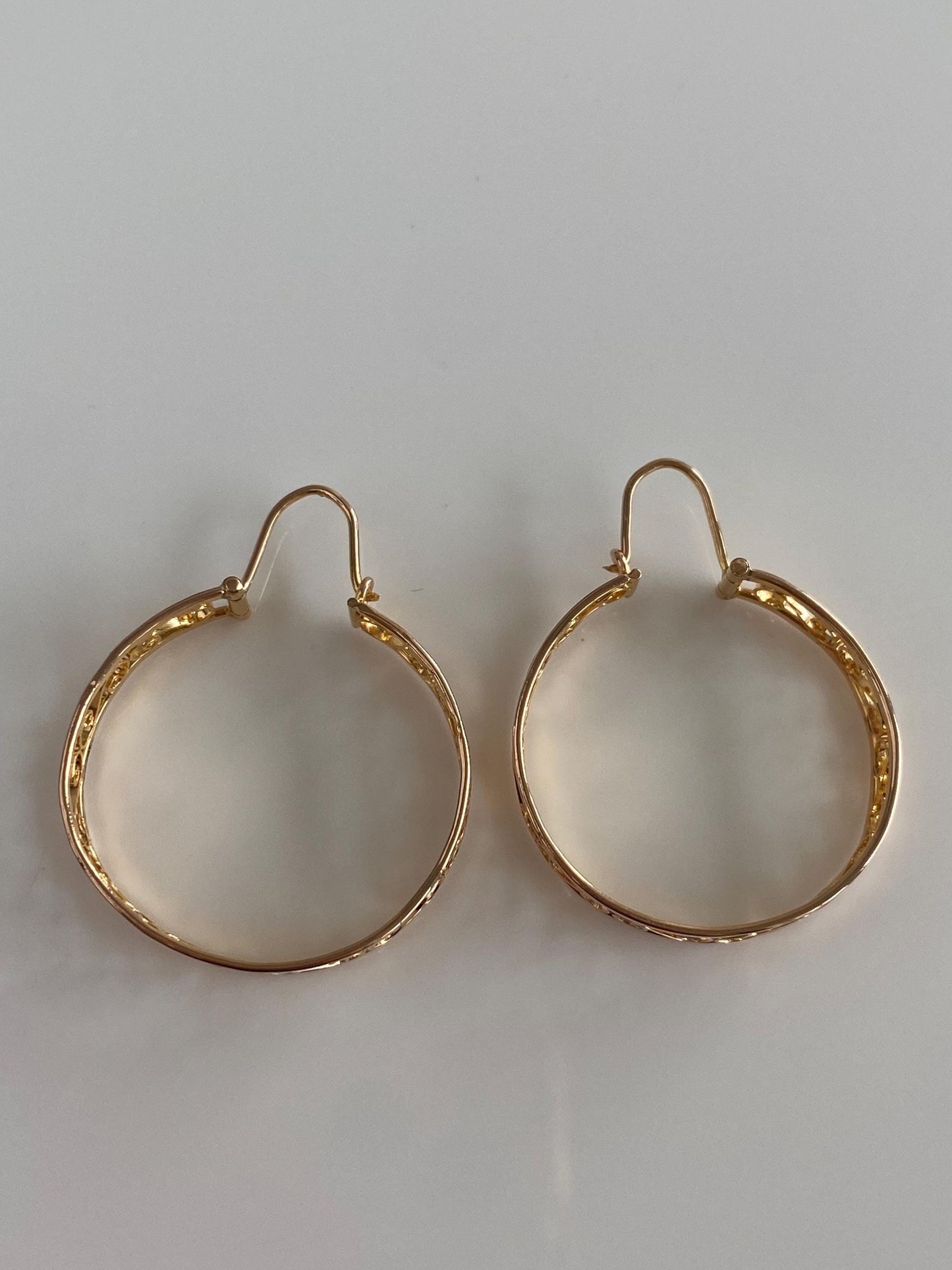 Vintage Solid 14k Rose Gold Open Work Hoop Earrings