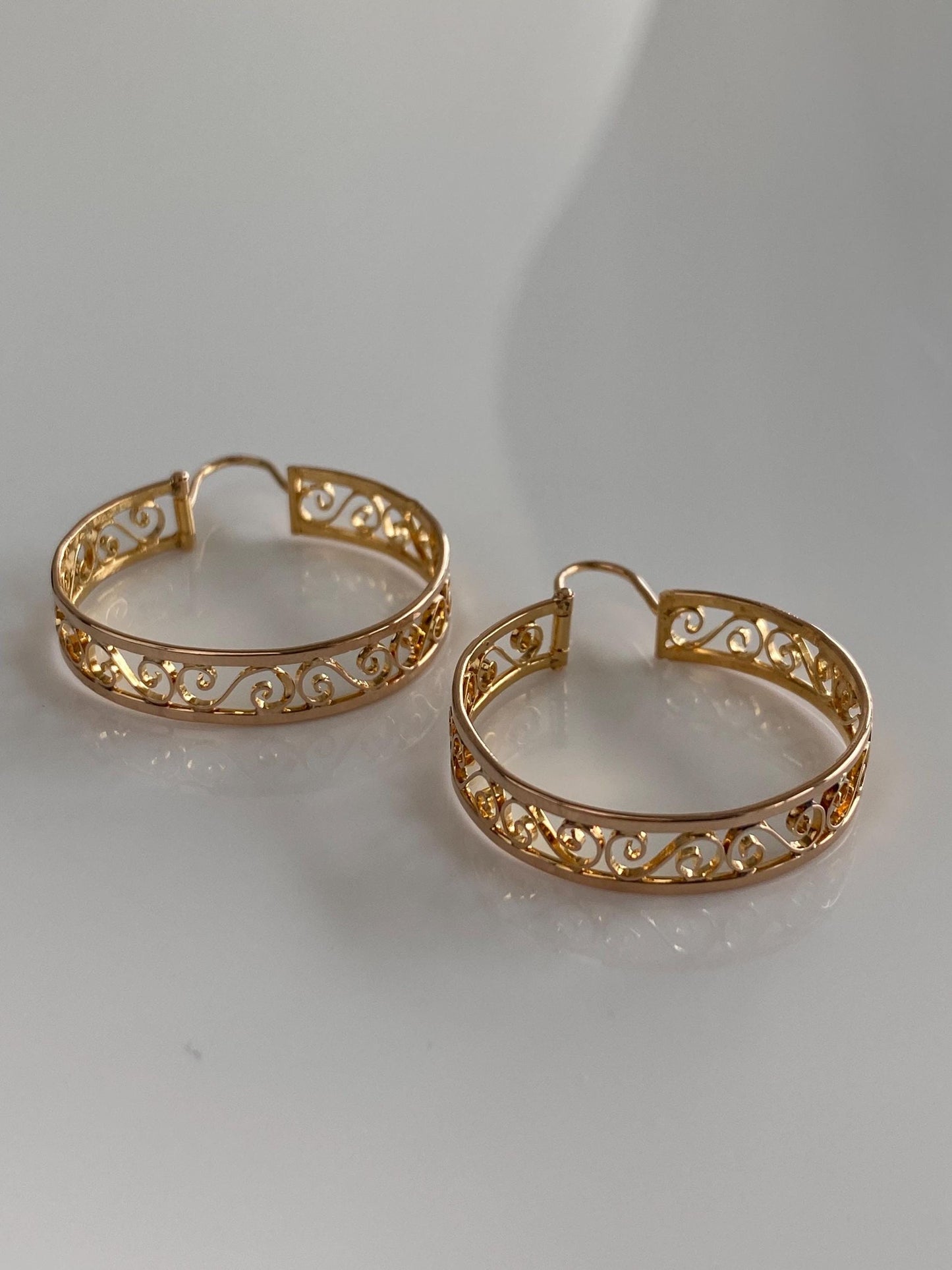 Vintage Solid 14k Rose Gold Open Work Hoop Earrings