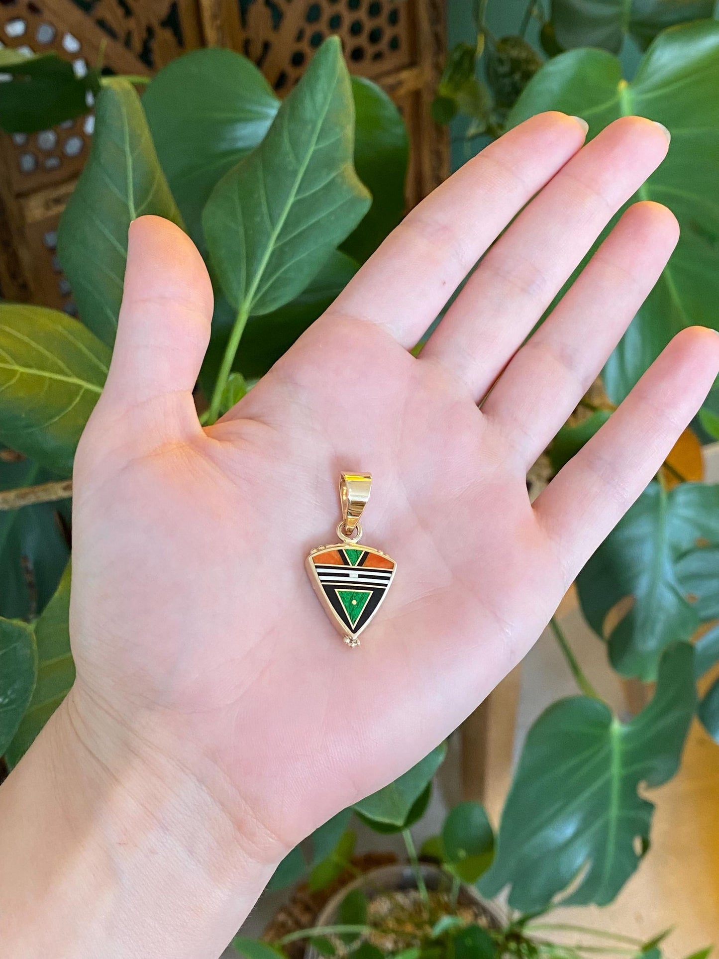 Ray Tracey Solid 14k Yellow Gold Stone Inlay Triangular Charm