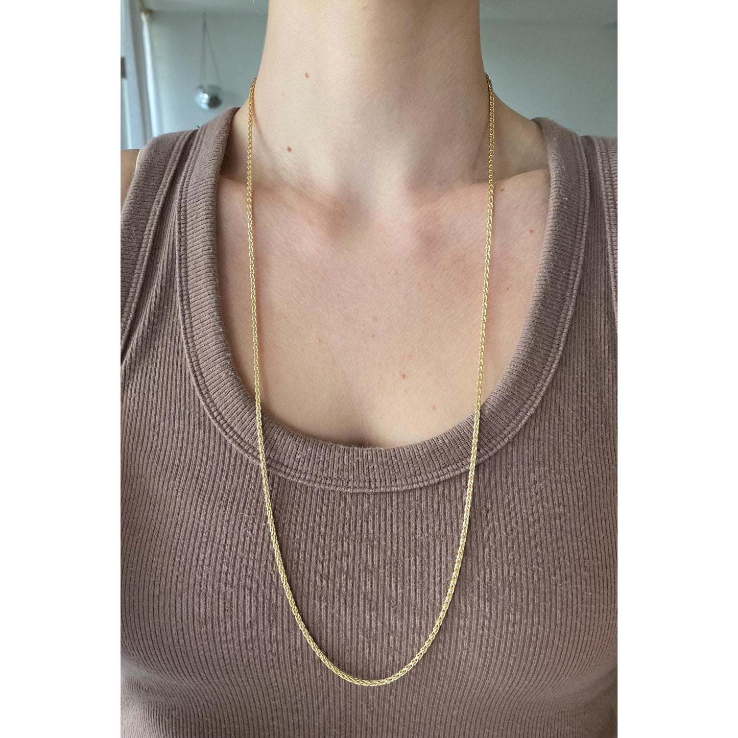Solid 14k Yellow Gold Long Wheat Chain Necklace - 30 inches