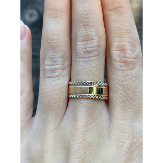 Vintage Solid 14k White & Yellow Gold Studded Border Ring Band - Size 8