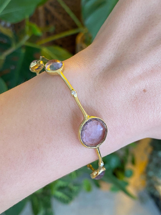 Vintage Solid 18k Yellow Gold Diamond Amethyst Bangle Bracelet