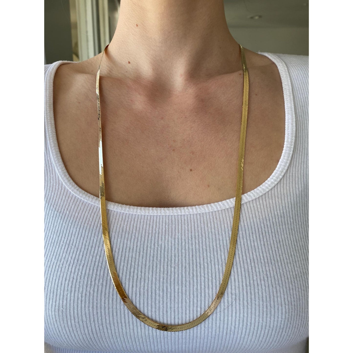 Vintage Solid 14k Yellow Gold Long Herringbone Chain Necklace - 30 inches