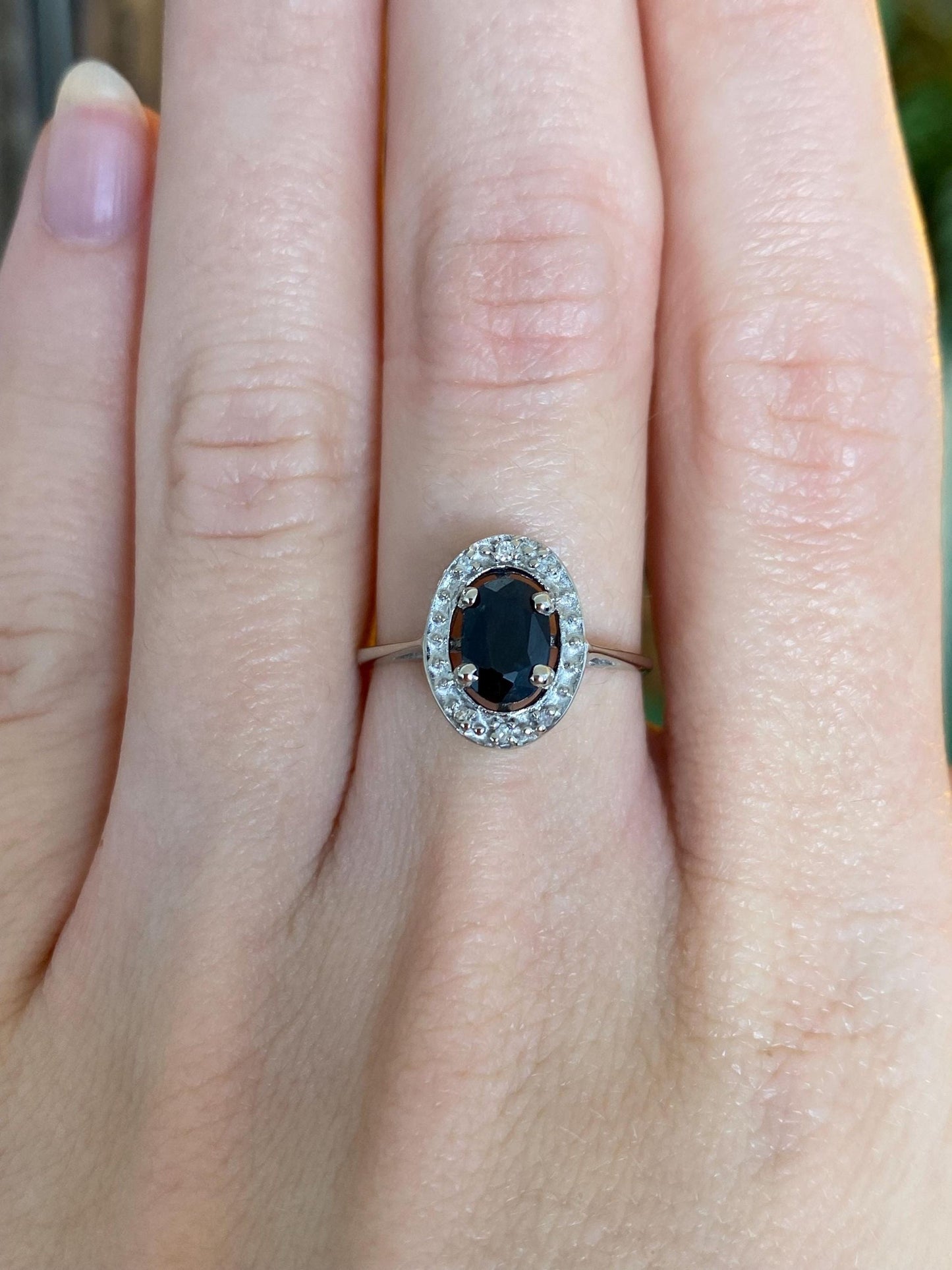 Vintage Solid 14k White Gold Diamond Halo Blue Sapphire Ring - Size 6.75
