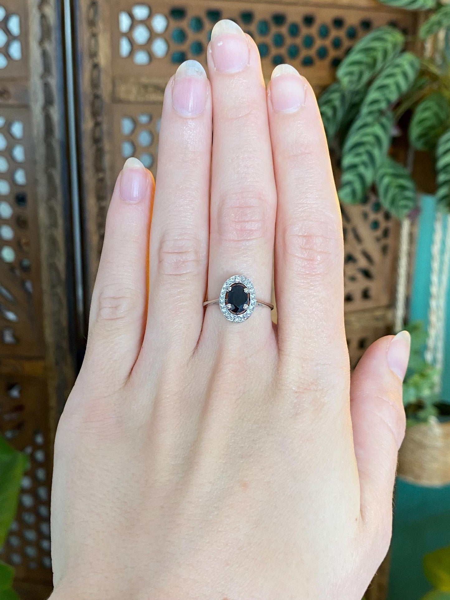 Vintage Solid 14k White Gold Diamond Halo Blue Sapphire Ring - Size 6.75