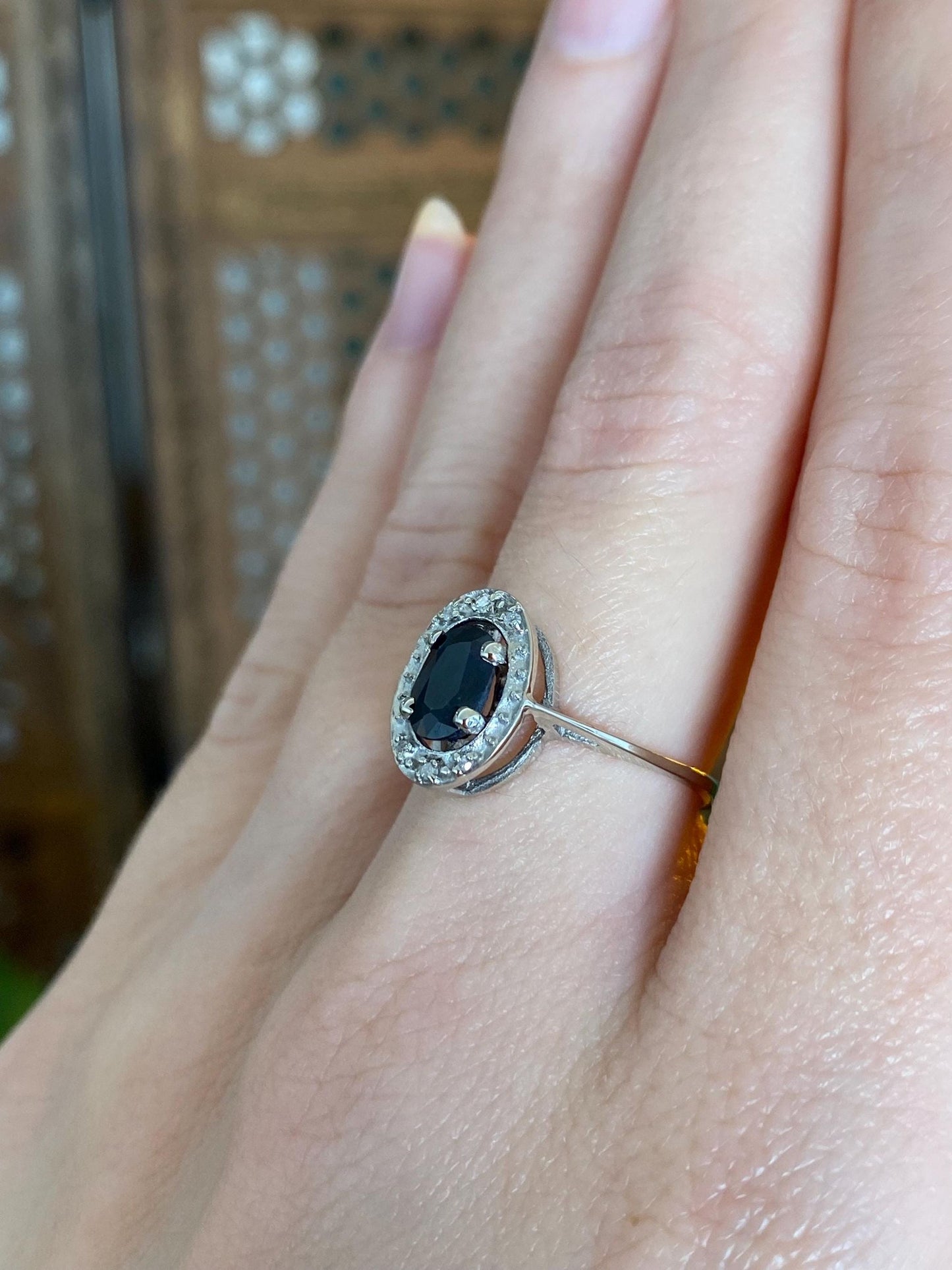 Vintage Solid 14k White Gold Diamond Halo Blue Sapphire Ring - Size 6.75