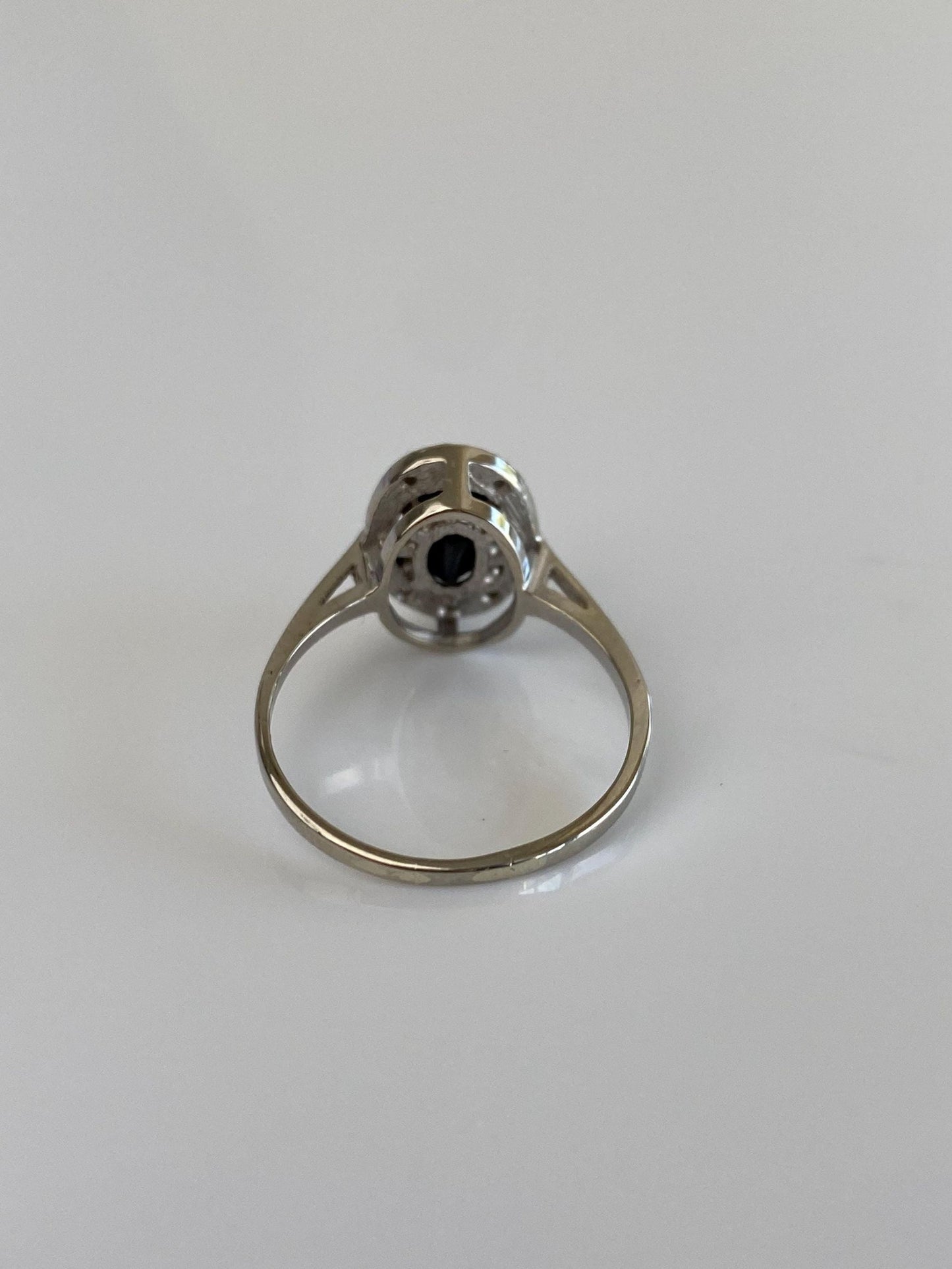 Vintage Solid 14k White Gold Diamond Halo Blue Sapphire Ring - Size 6.75