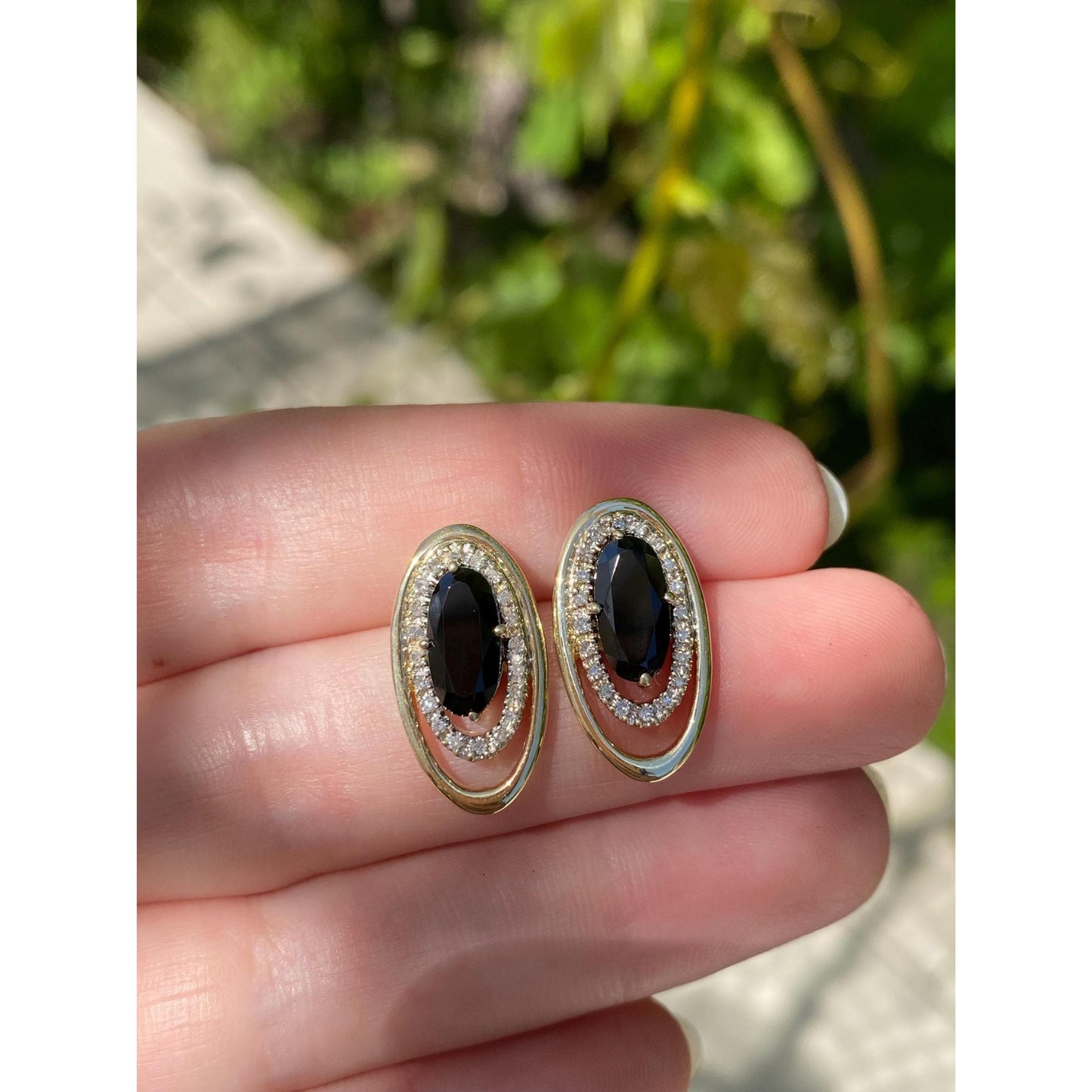 Vintage Solid 10k Yellow Gold Diamond Halo Onyx Stud Earrings