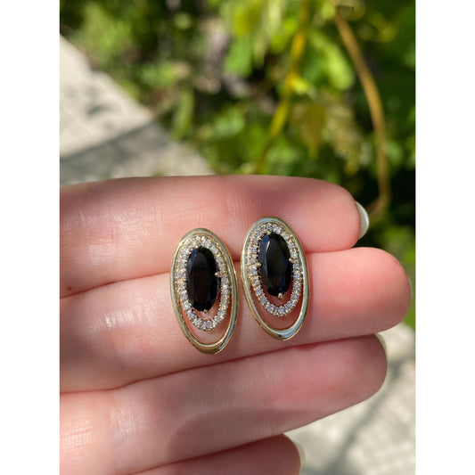 Vintage Solid 10k Yellow Gold Diamond Halo Onyx Stud Earrings