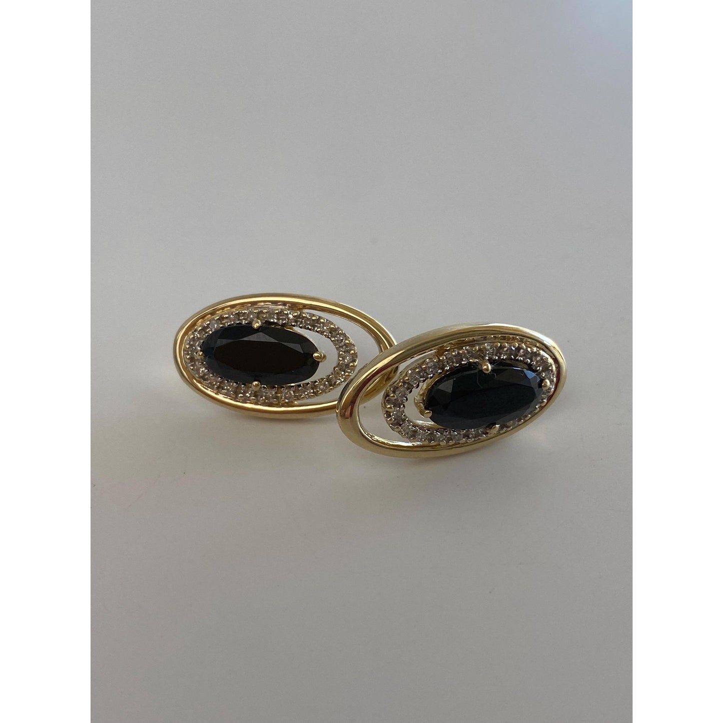 Vintage Solid 10k Yellow Gold Diamond Halo Onyx Stud Earrings