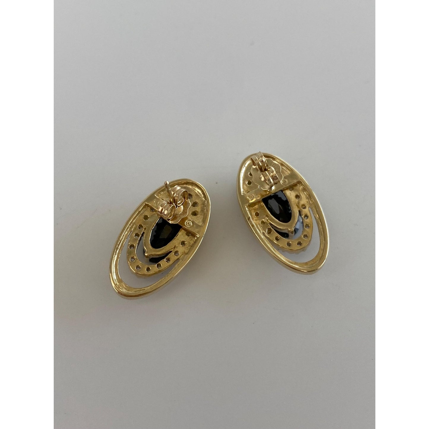 Vintage Solid 10k Yellow Gold Diamond Halo Onyx Stud Earrings