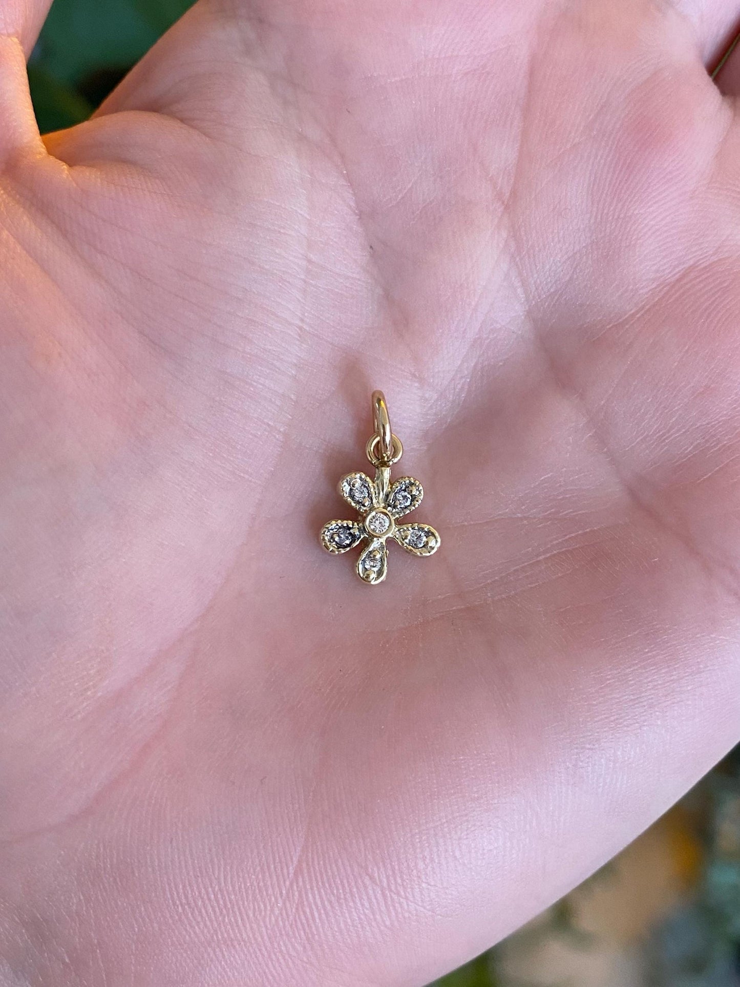 Vintage Solid 14k Yellow Gold Diamond Flower Charm