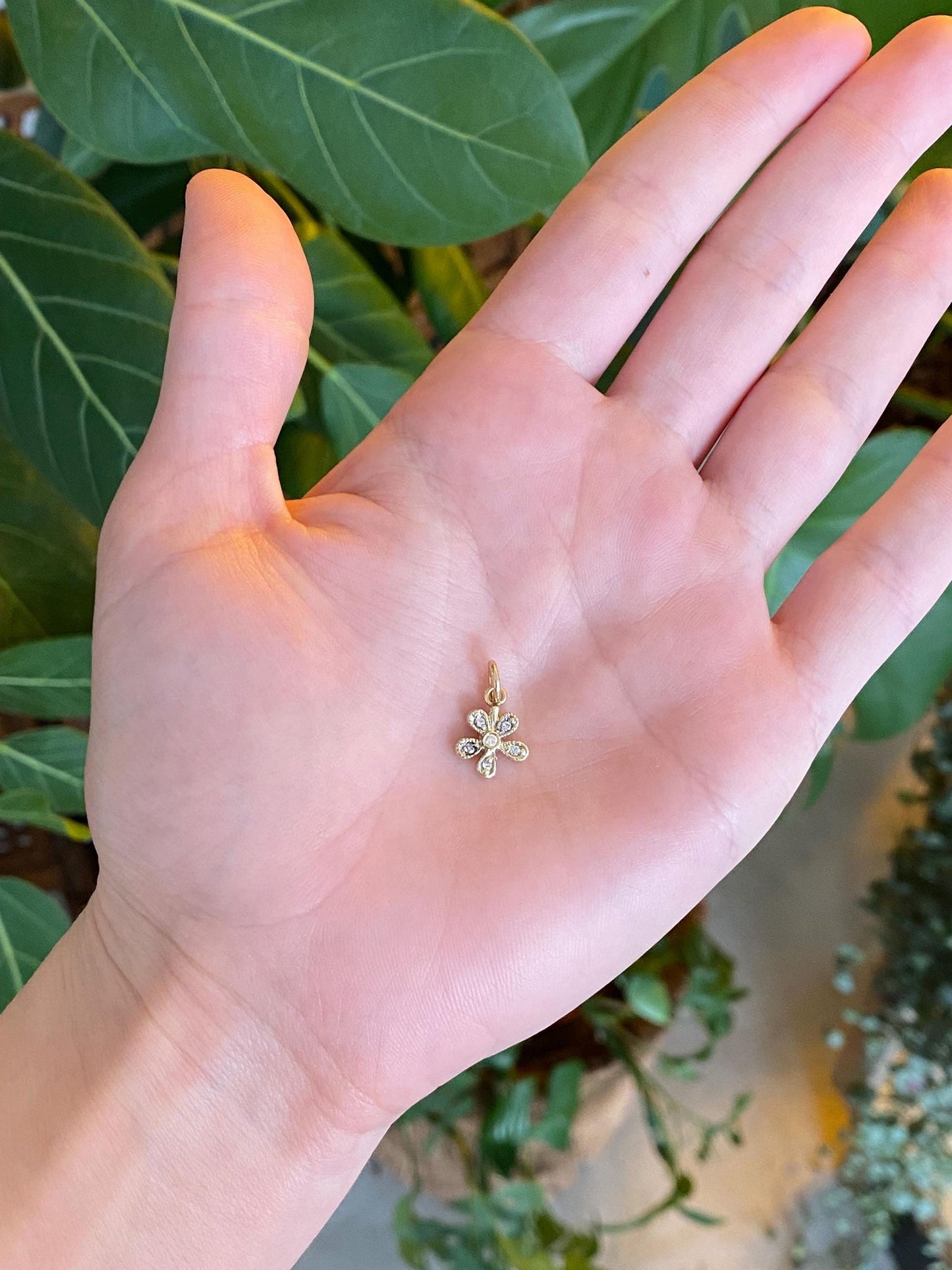 Vintage Solid 14k Yellow Gold Diamond Flower Charm