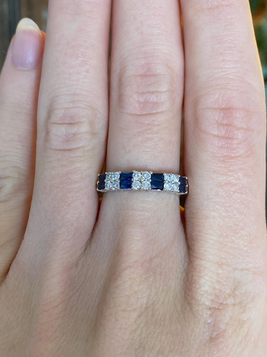 Vintage Solid 14k White Gold Diamond Blue Sapphire Ring Band - Size 7