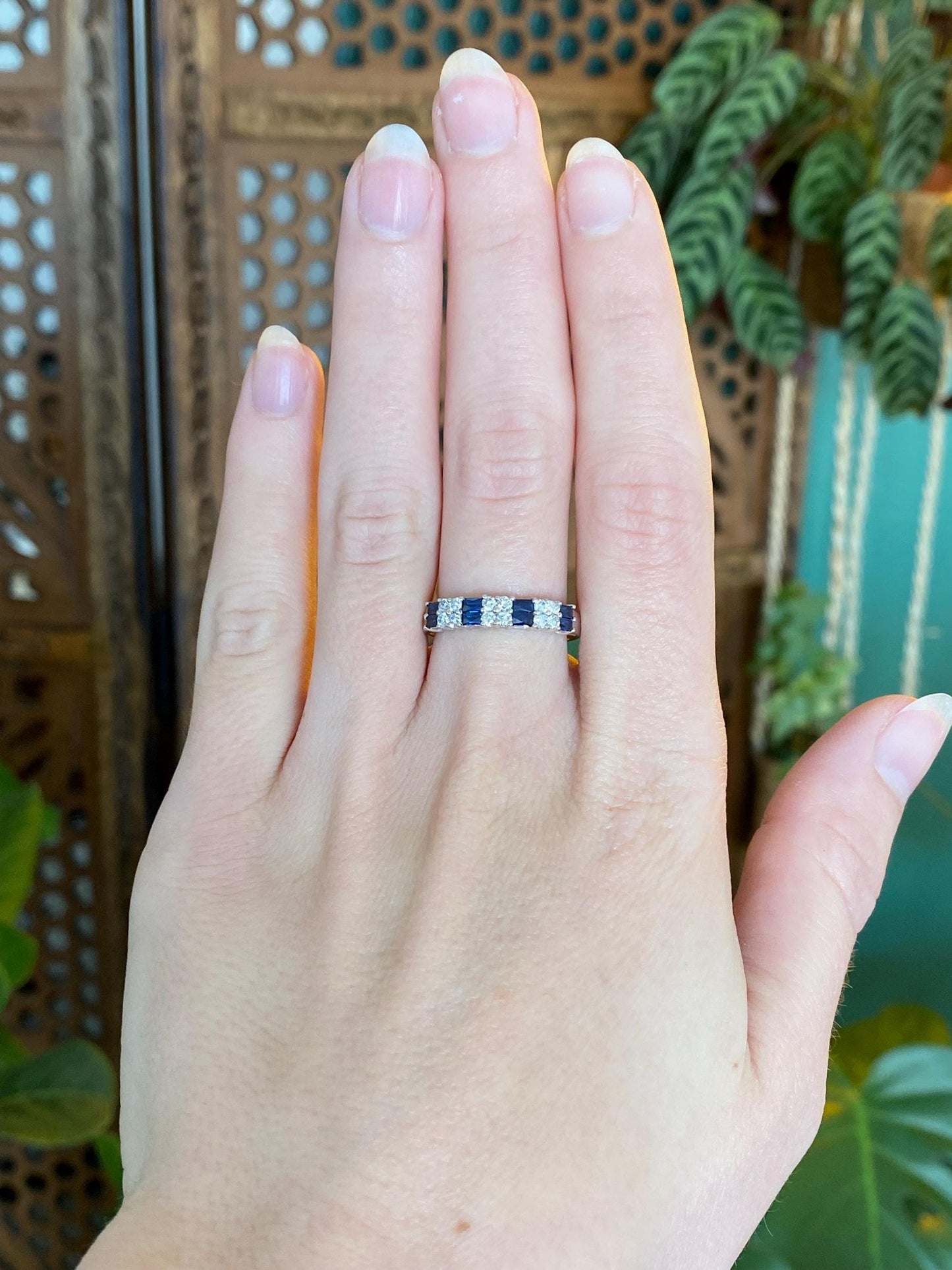 Vintage Solid 14k White Gold Diamond Blue Sapphire Ring Band - Size 7