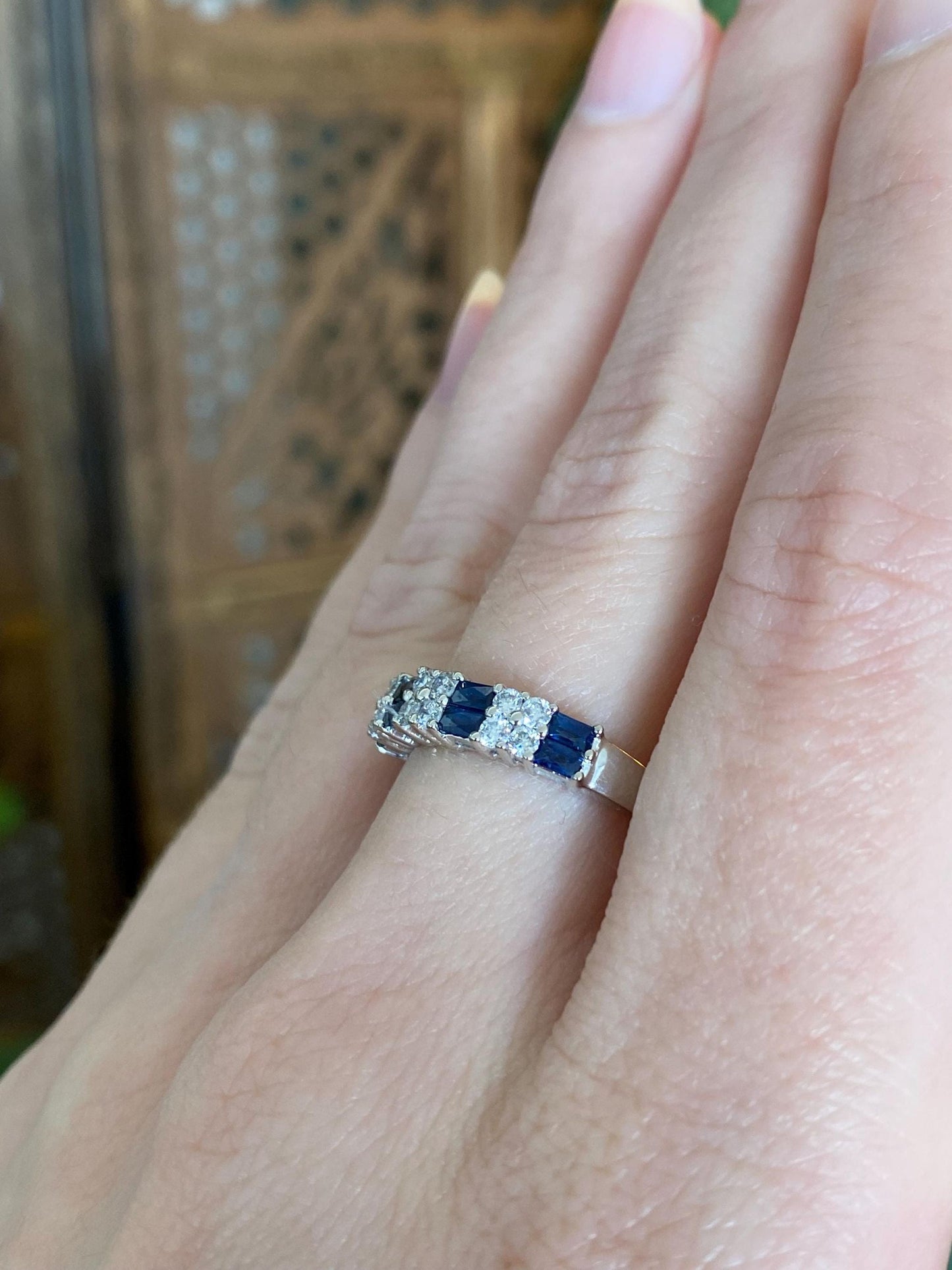 Vintage Solid 14k White Gold Diamond Blue Sapphire Ring Band - Size 7