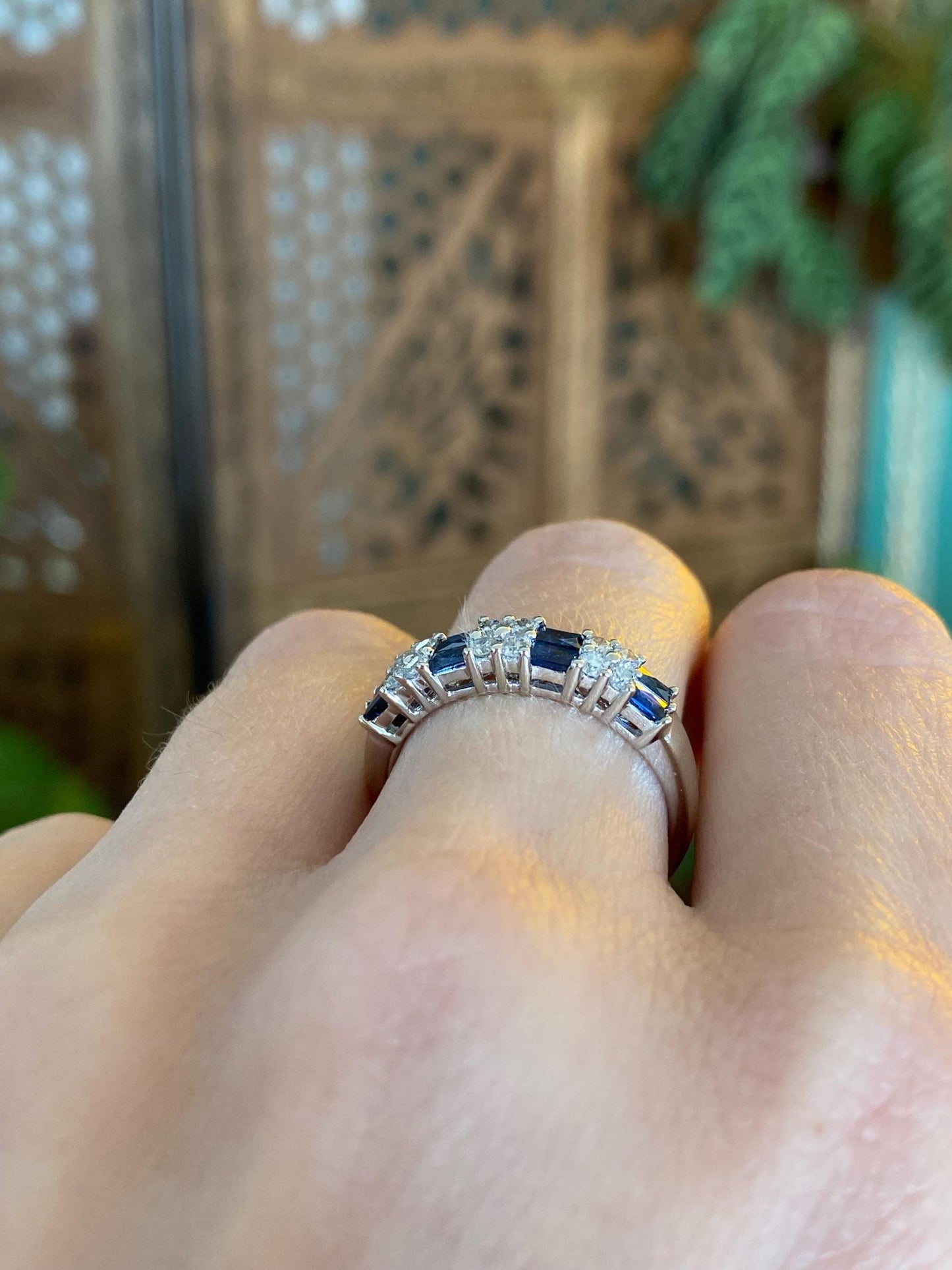 Vintage Solid 14k White Gold Diamond Blue Sapphire Ring Band - Size 7