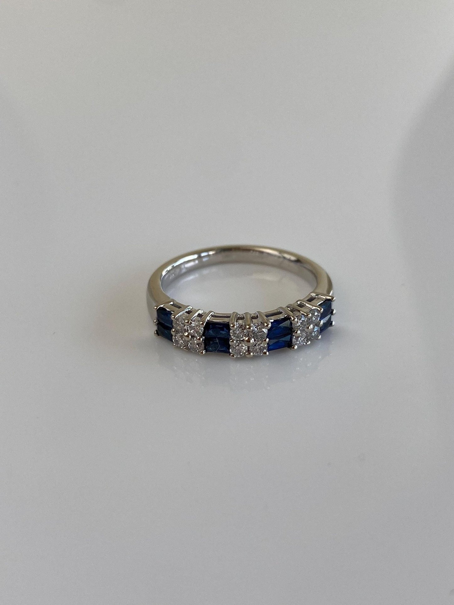 Vintage Solid 14k White Gold Diamond Blue Sapphire Ring Band - Size 7