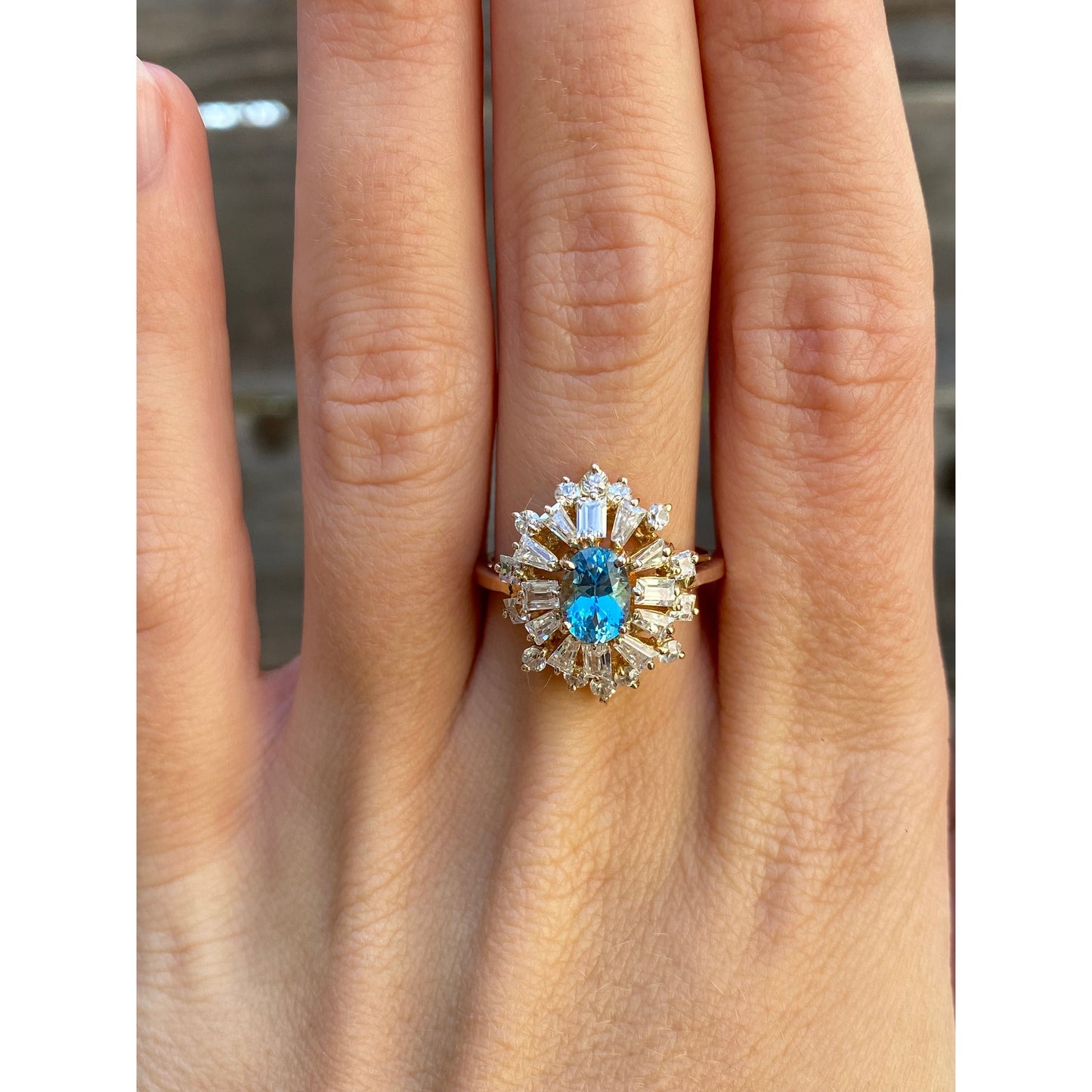 Vintage Solid 10k Aquamarine Clear Cubic Zirconia Halo Ring - Size 7.75