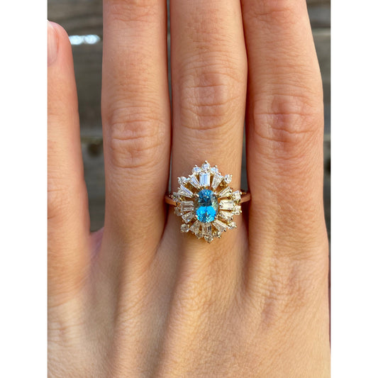 Vintage Solid 10k Aquamarine Clear Cubic Zirconia Halo Ring - Size 7.75