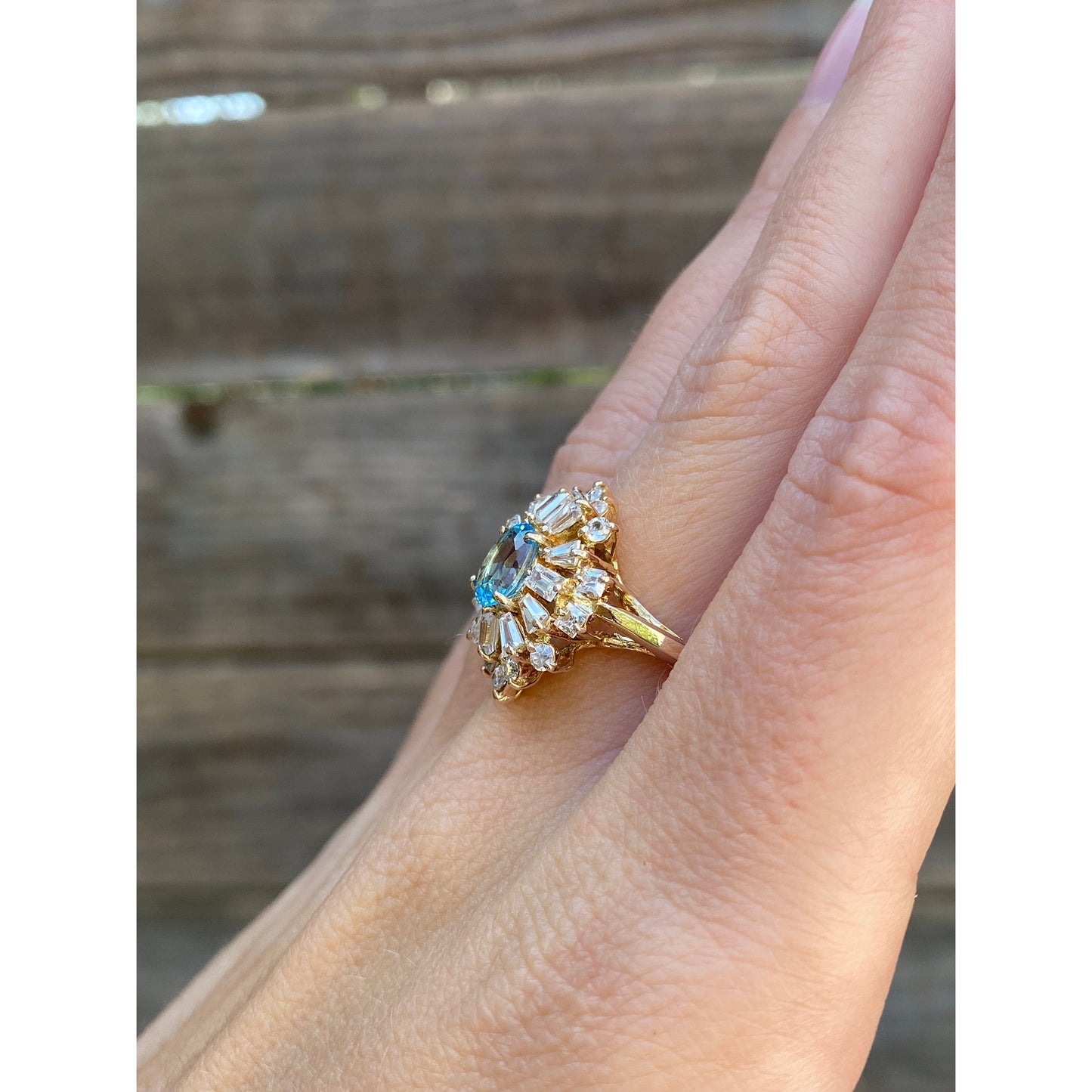 Vintage Solid 10k Aquamarine Clear Cubic Zirconia Halo Ring - Size 7.75