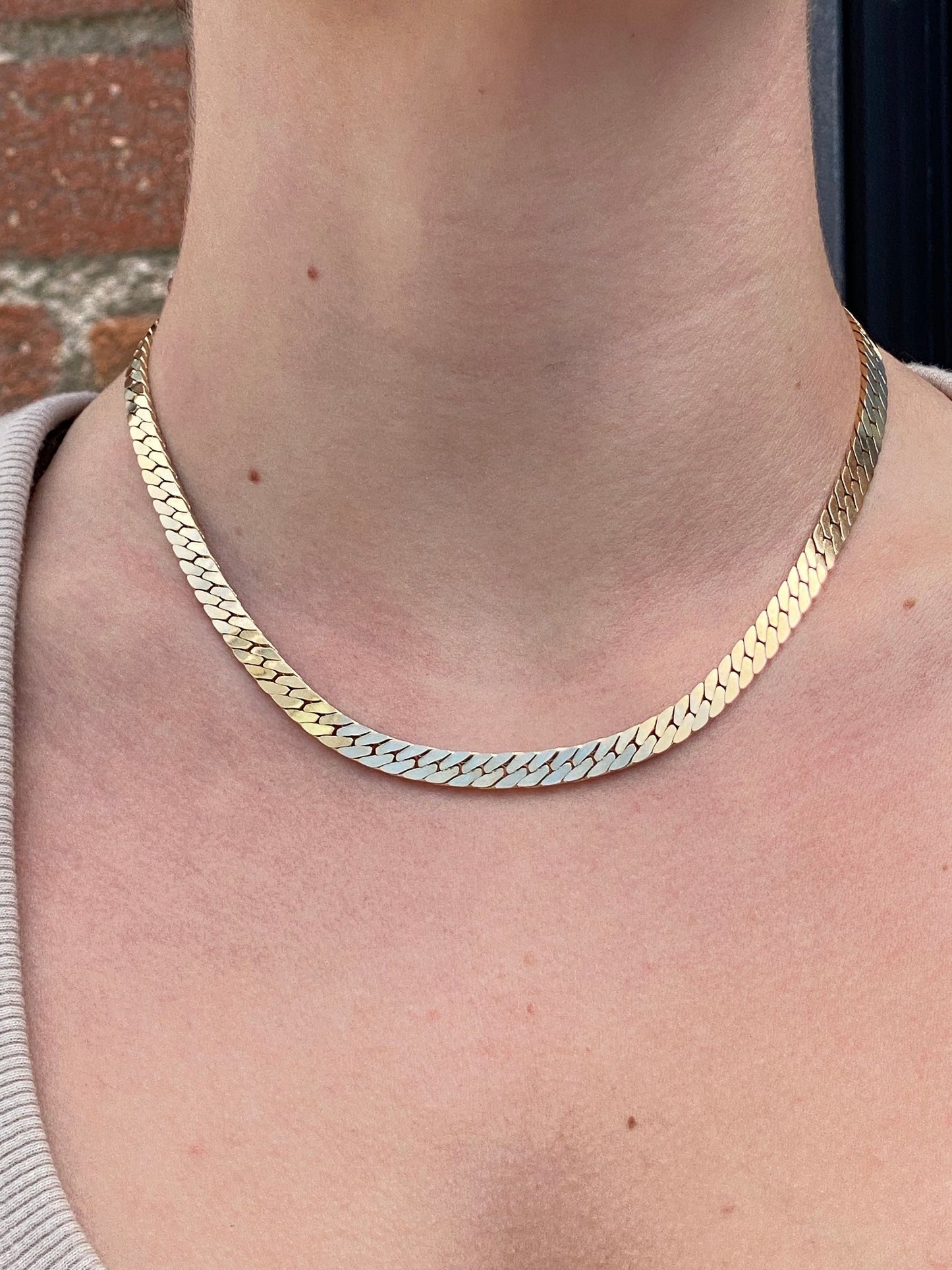 Vintage Solid 14k Yellow Gold Herringbone Chain Necklace - 16.5 inches