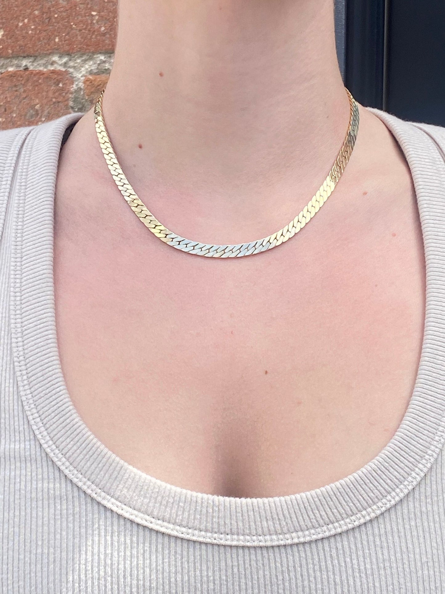 Vintage Solid 14k Yellow Gold Herringbone Chain Necklace - 16.5 inches