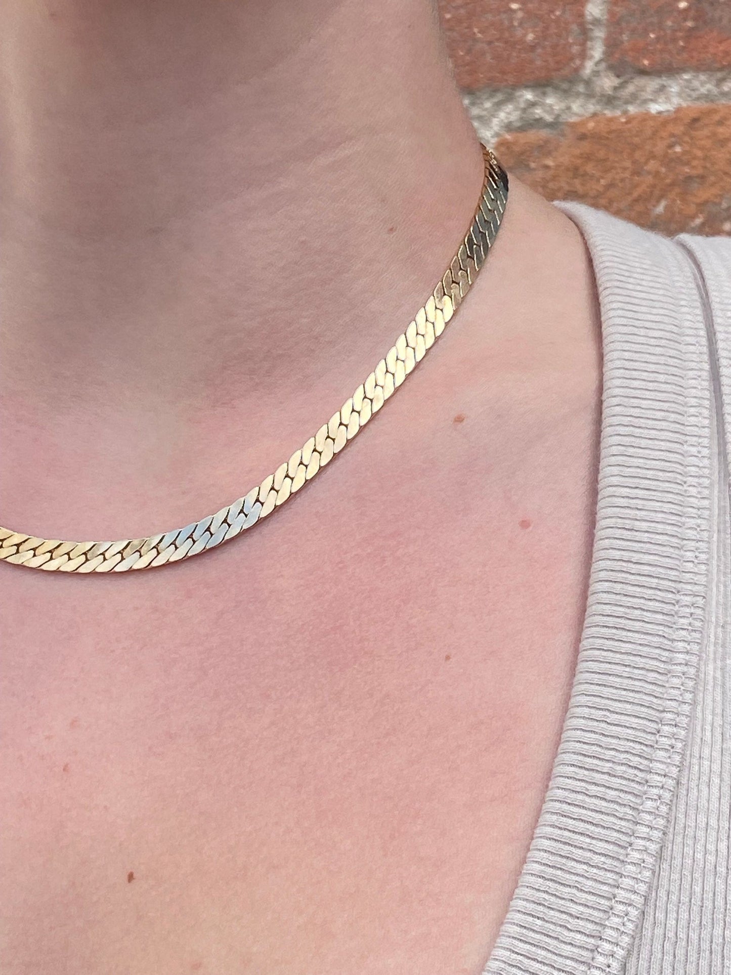 Vintage Solid 14k Yellow Gold Herringbone Chain Necklace - 16.5 inches