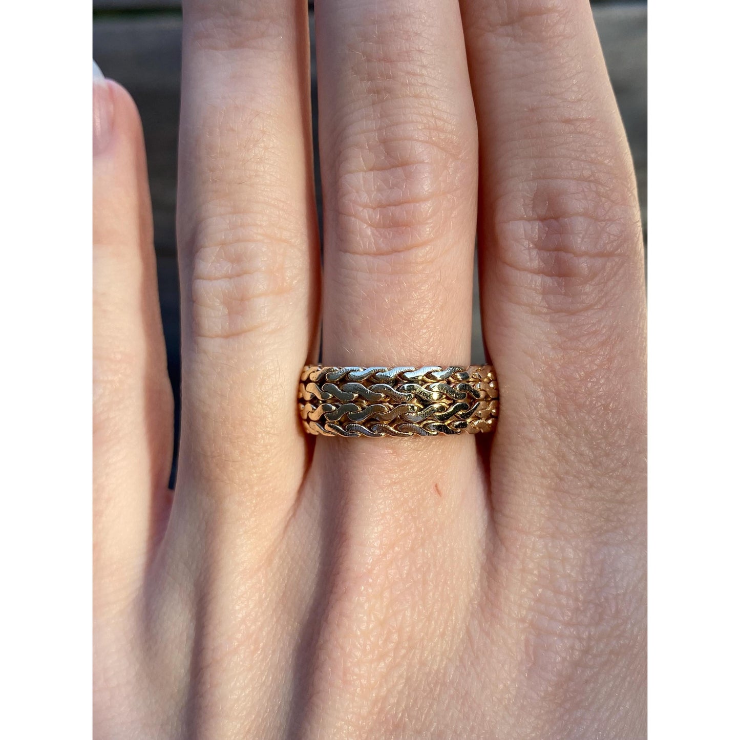 Vintage Solid 14k Yellow Gold Flat Serpentine Chain Ring Band - Size 8.75