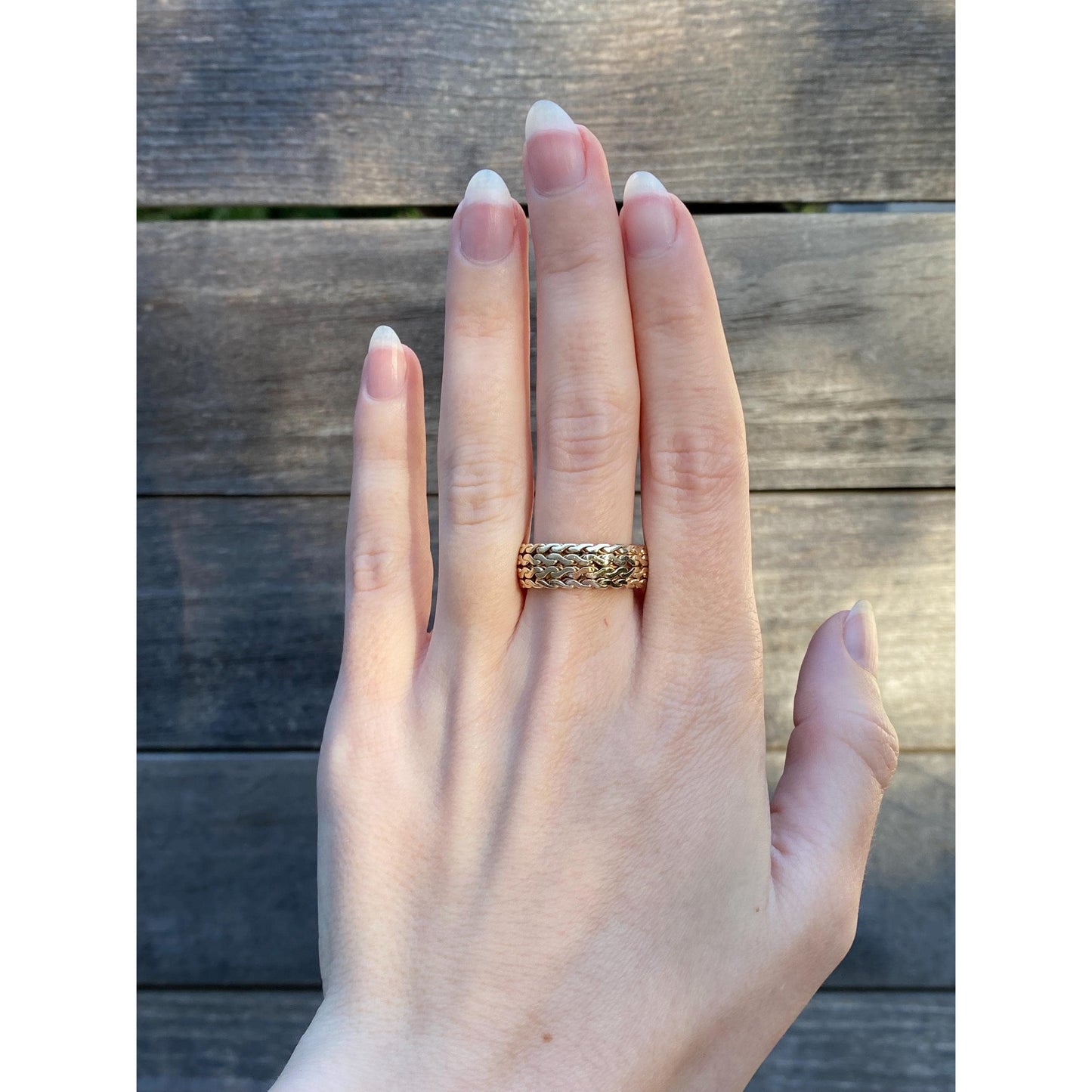 Vintage Solid 14k Yellow Gold Flat Serpentine Chain Ring Band - Size 8.75