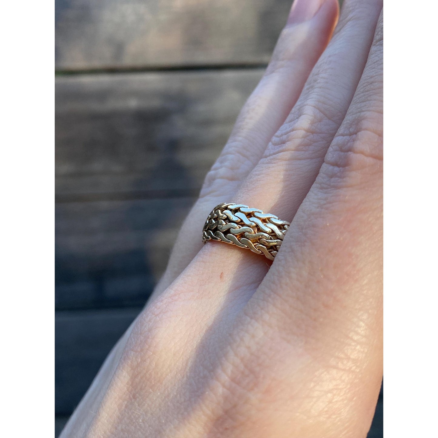 Vintage Solid 14k Yellow Gold Flat Serpentine Chain Ring Band - Size 8.75