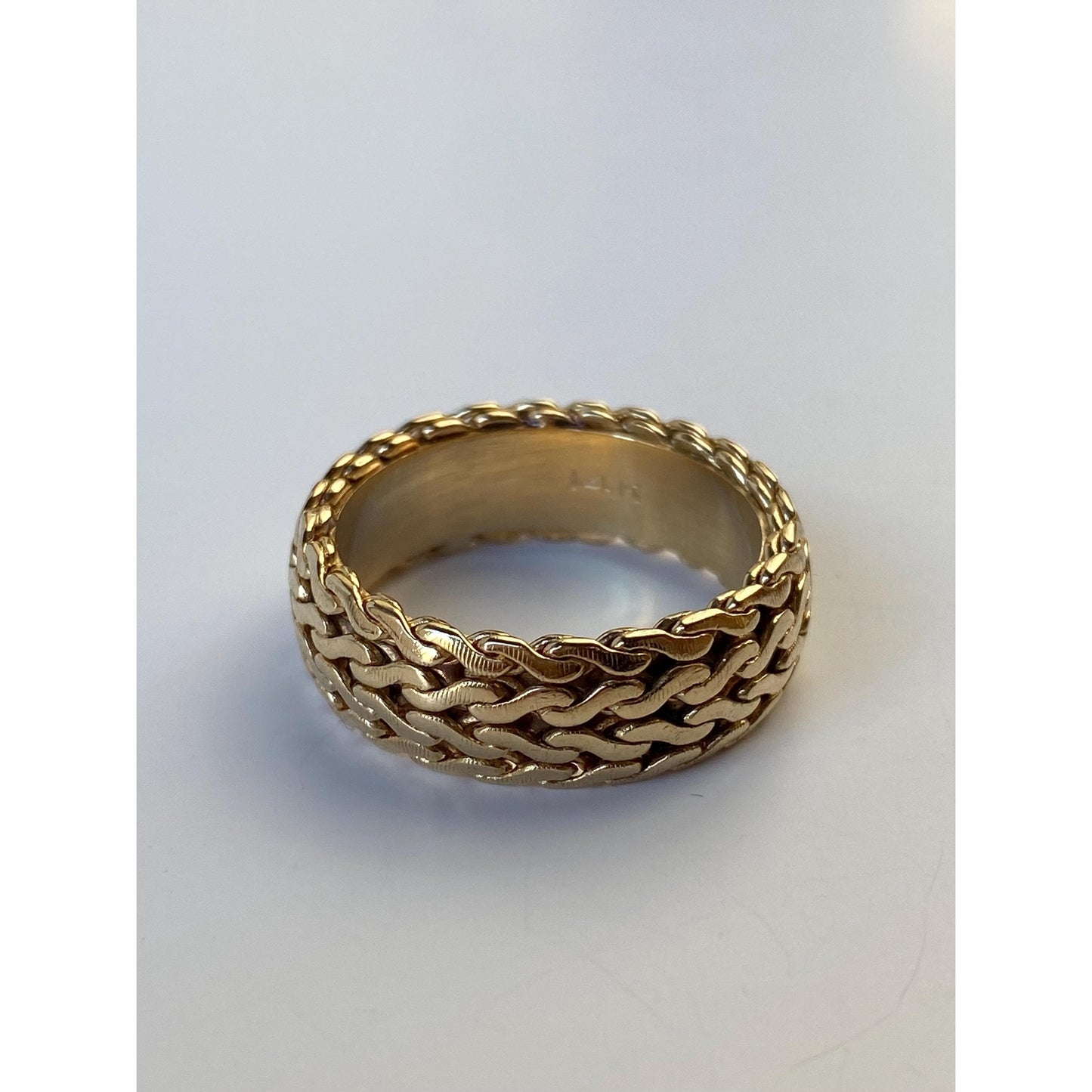 Vintage Solid 14k Yellow Gold Flat Serpentine Chain Ring Band - Size 8.75