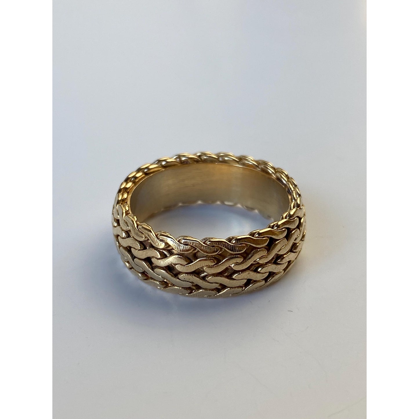 Vintage Solid 14k Yellow Gold Flat Serpentine Chain Ring Band - Size 8.75