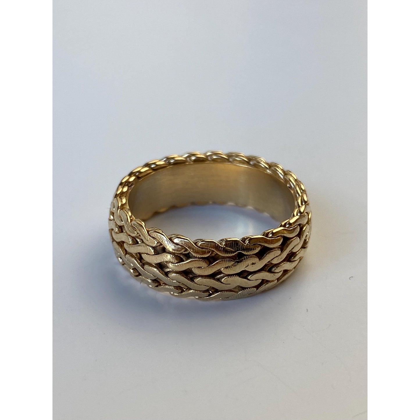 Vintage Solid 14k Yellow Gold Flat Serpentine Chain Ring Band - Size 8.75