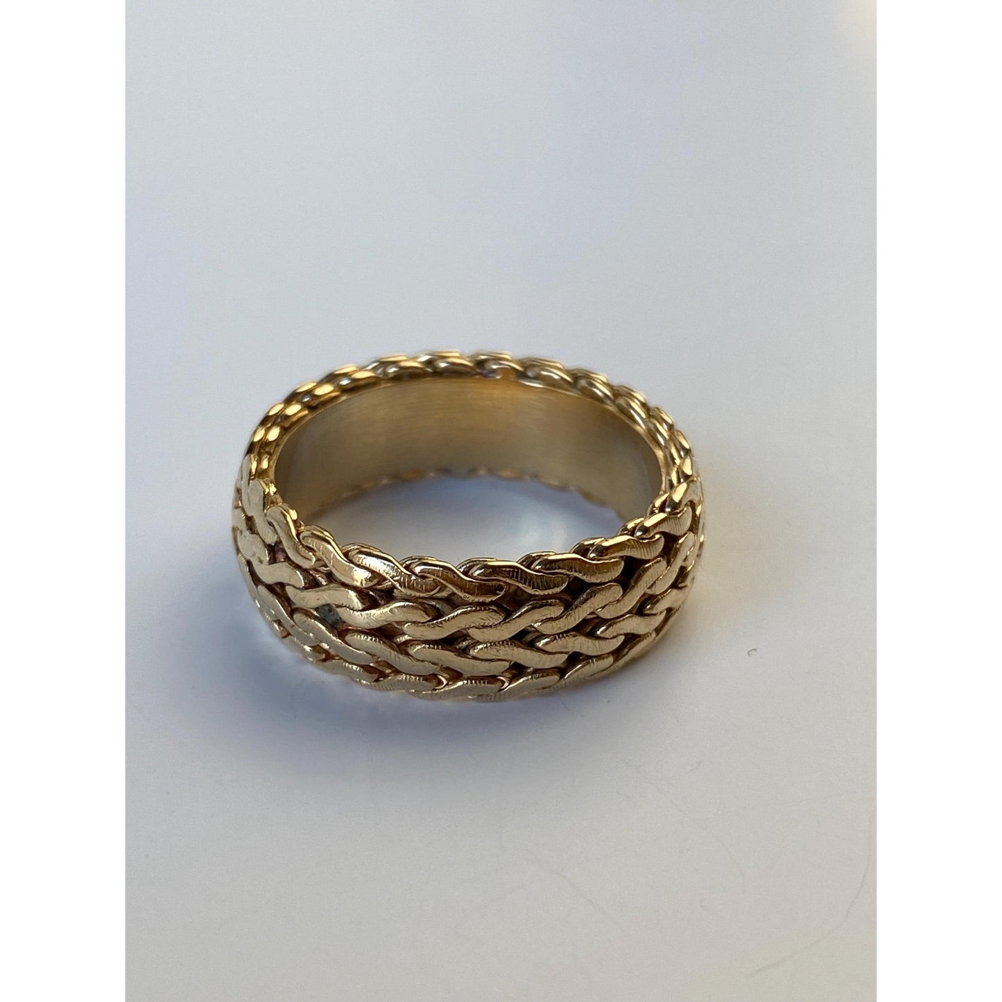 Vintage Solid 14k Yellow Gold Flat Serpentine Chain Ring Band - Size 8.75