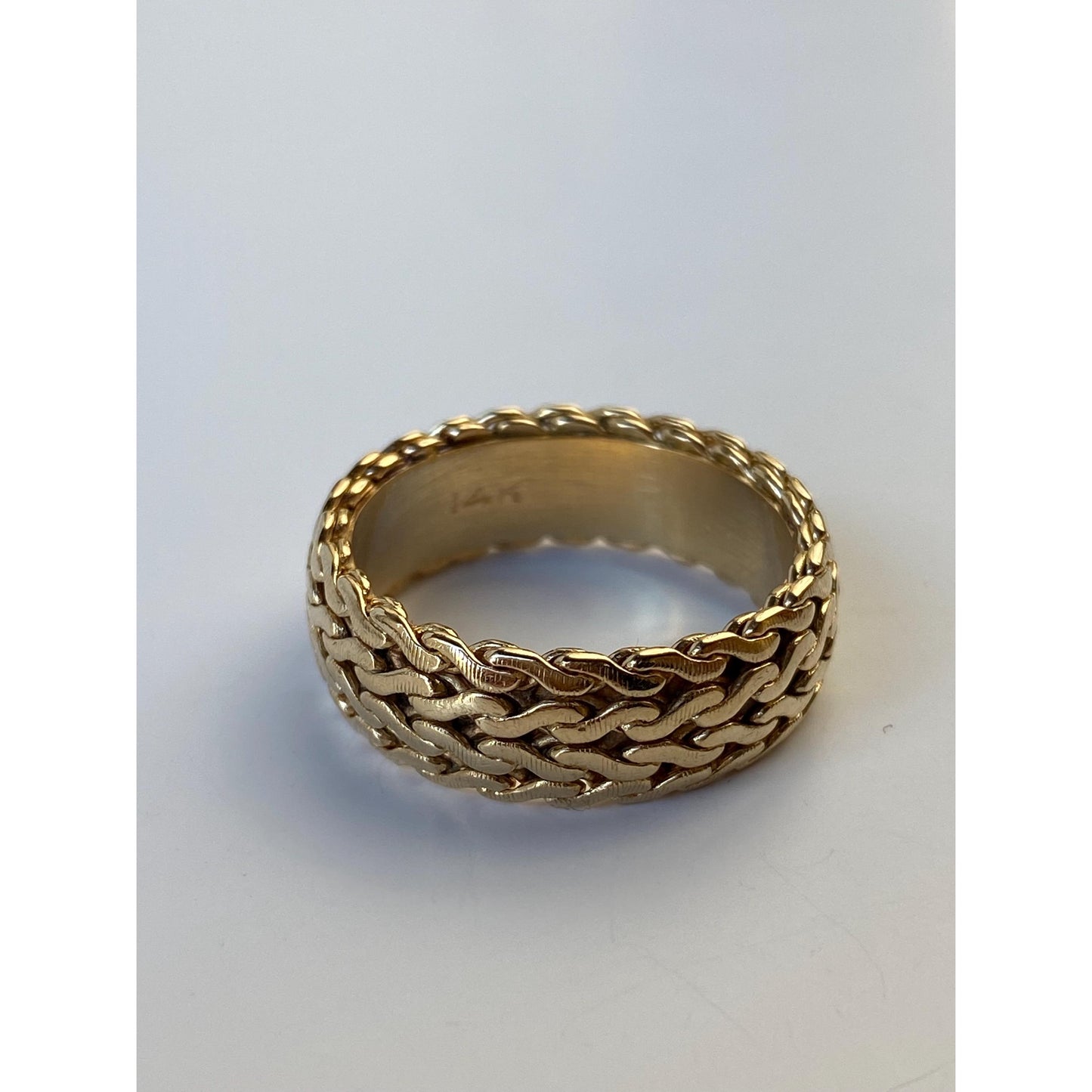 Vintage Solid 14k Yellow Gold Flat Serpentine Chain Ring Band - Size 8.75