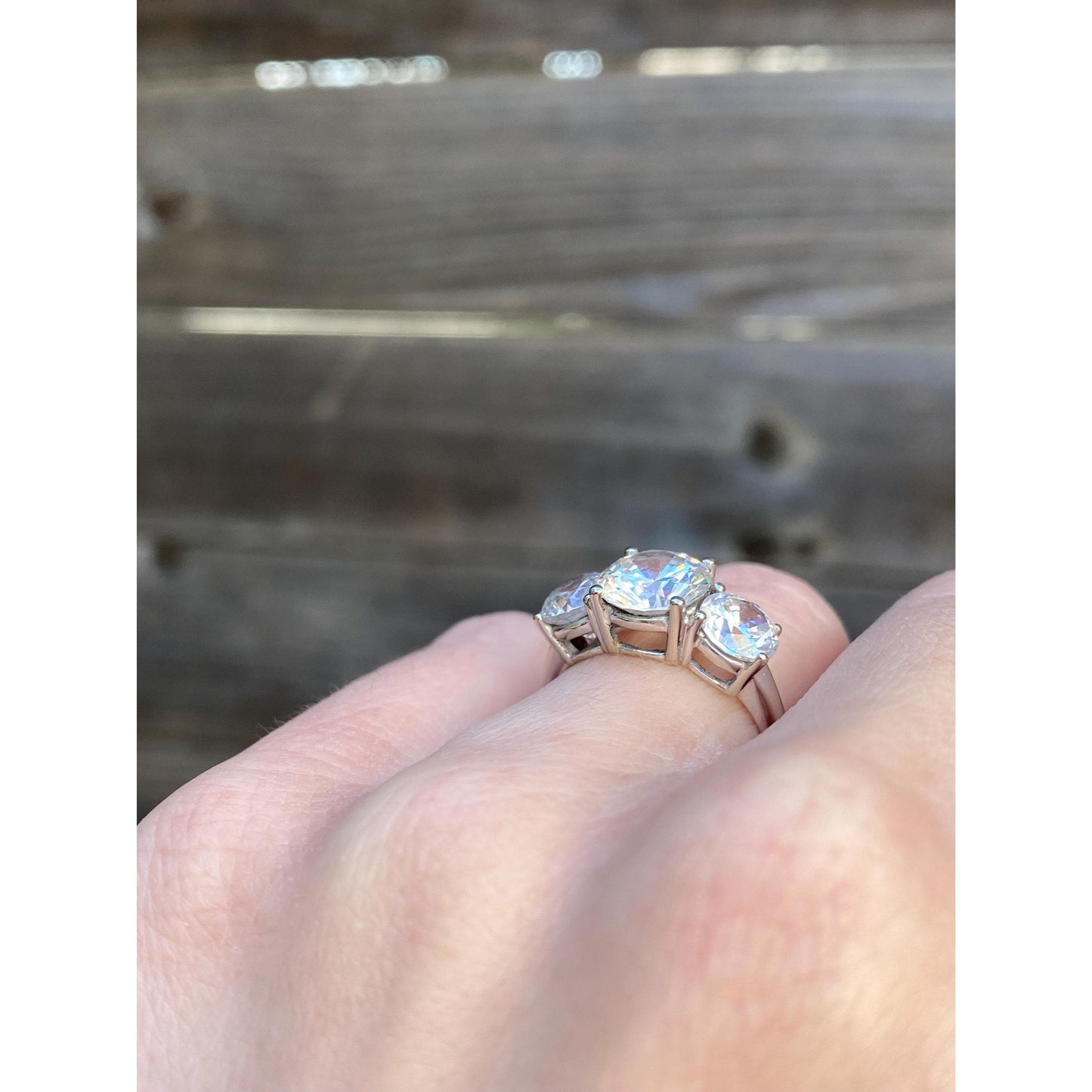 Solid 14k White Gold Triple Cubic Zirconia Ring - Size 5.75