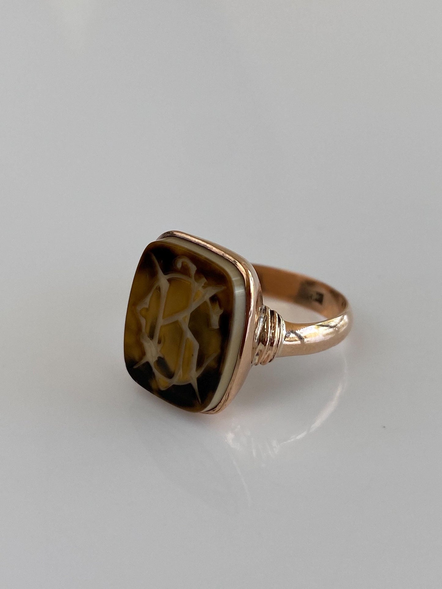 Vintage Solid 10k Rose Gold Carved Agate Monogram Ring - Size 7.75