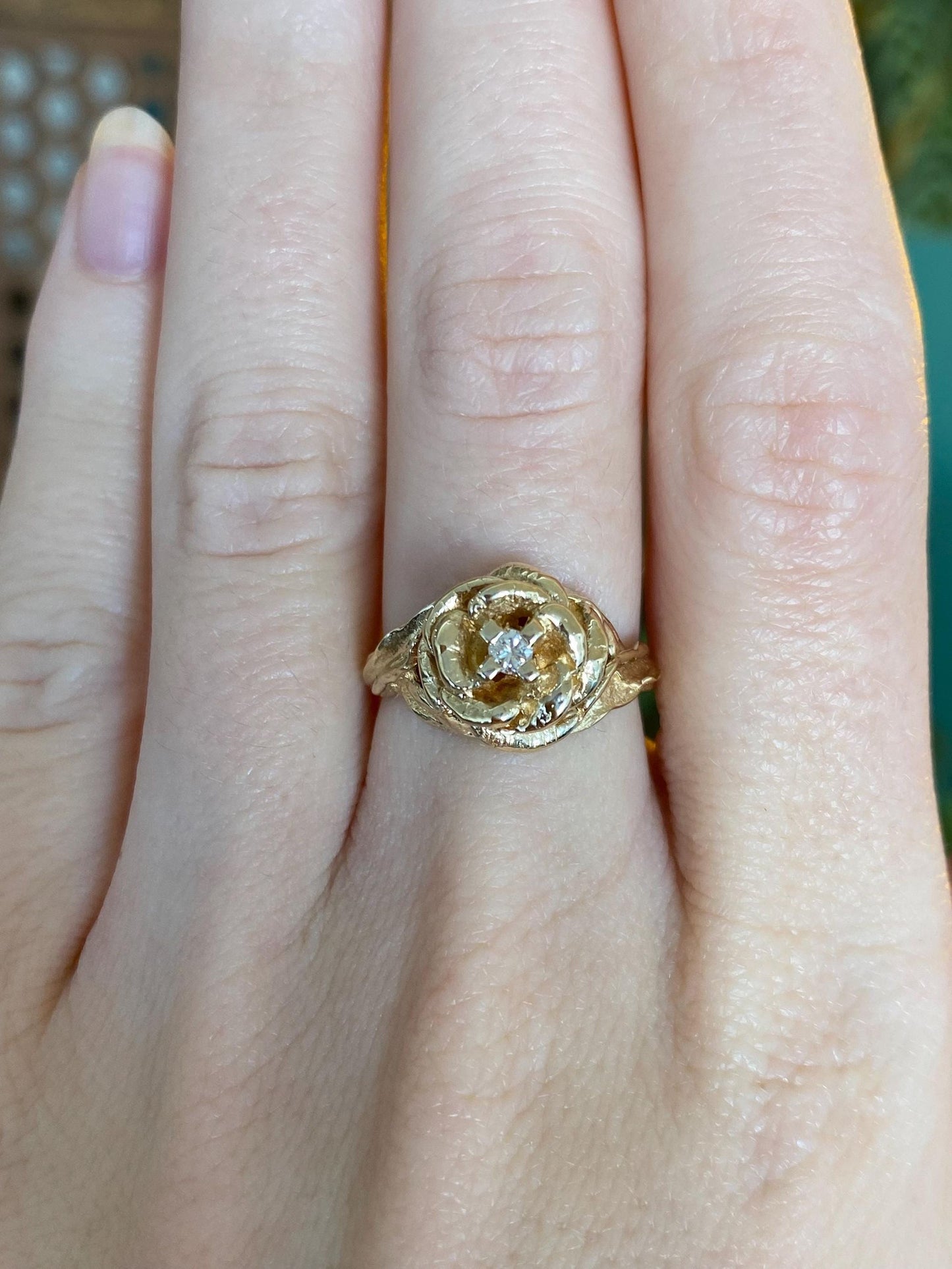 Vintage Solid 14k White & Yellow Gold Diamond Rose Ring - Size 4.5