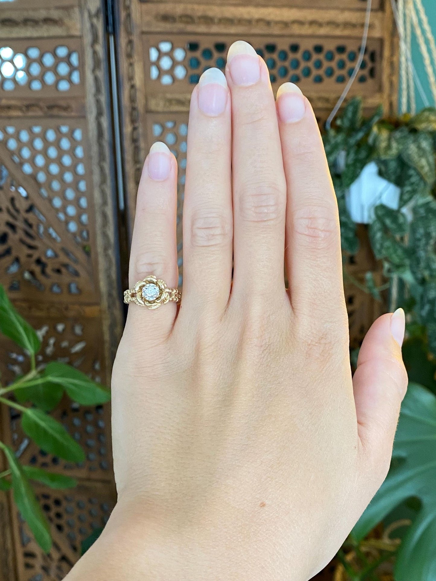 Vintage Solid 14k White & Yellow Gold Diamond Rose Ring - Size 4.5
